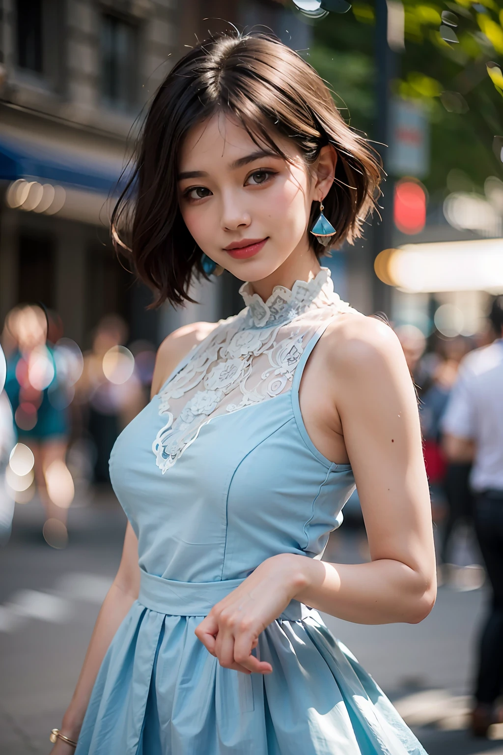 a woman posing on the street corner with light blue dress on, best quality, 1girl, large breasts, day, bright, blur background, bokeh, outdoor, (street:0.8), (people, crowds:1), (lace-trimmed dress:1.5, sleeveless dress, light blue clothes, light blue high-neck dress:1.2, blue dress: 1.5), gorgeous, (short hair, forehead:1.2), beautiful detailed sky, earrings, (dynamic pose:1.2), (upper body:0.8), soft lighting, wind, shiny skin, smile,