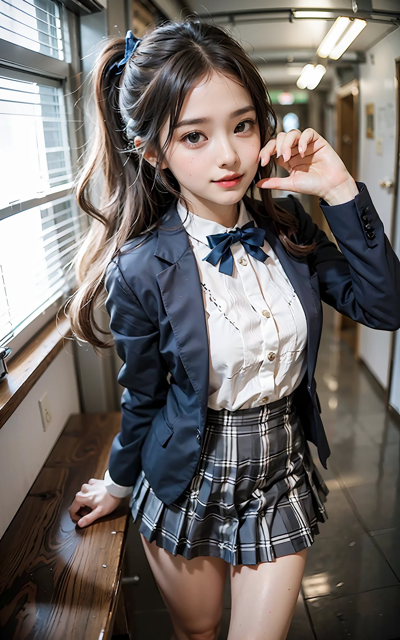 Circular image, (Representative work: 1.3), (Best quality: 1.2), (Masterpiece), High quality, High definition, (1 persons: 1.4), ((Round image)), (Fisheye)), [(White background: 1.1): 5], [(Upper body, upper eyes, :1): 5], High school uniform, high school, 16-year-old girl, cute, [(Cute school uniform in dark blue tones, blazer: 1.2): 5] {{{1 persons}}} , ((good anatomy: 1.2)), ((brown)) ponytail (brown and (white)), smile, mouth open, (random pose), (random cute expression), watch the viewer, (((plaid pleated skirt: 1.2)), ribbon, (((just cute)), non-exposed, perfect body, perfect number of legs, perfect fingers {{{5 fingers}}}}, (composition from above)), (( Exact number of fingers: 1.2)),