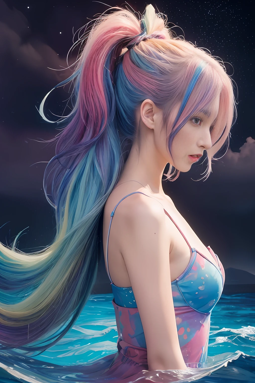 (masterpiece, top quality, best quality,watercolor (medium),official art, beautiful and aesthetic:1.2),(1girl:1.3), (fractal art:1.3),upper body, from side, looking at viewer,patterns,(rainbow color Hair,colorful hair,half blue and half pink hair:1.2),water,liquid, cloud,colorful, starry,stars,