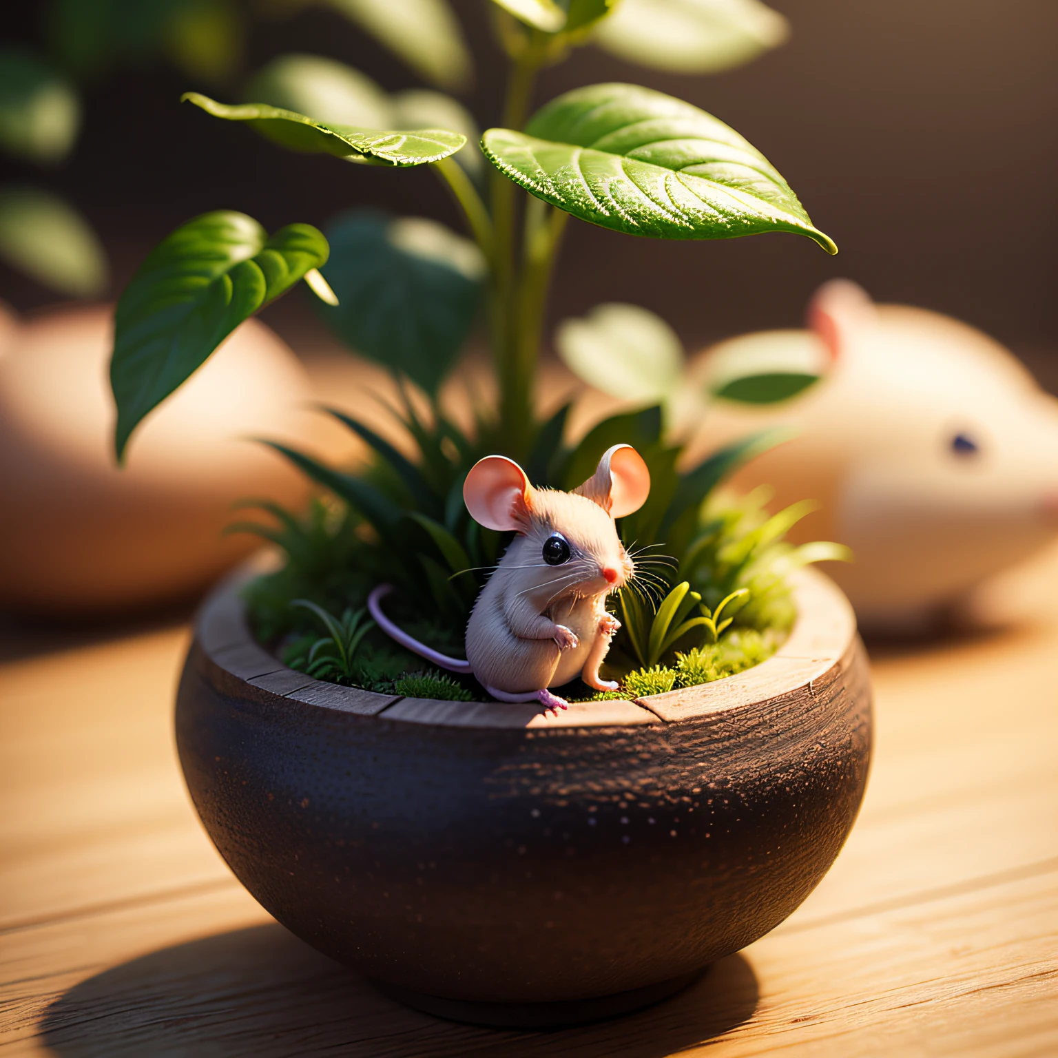 a tiny little purple mouse of toy Under the plants, natural light, miniature, blur background, clear details, tilt-shift, macro photography, isometric, 3d --auto