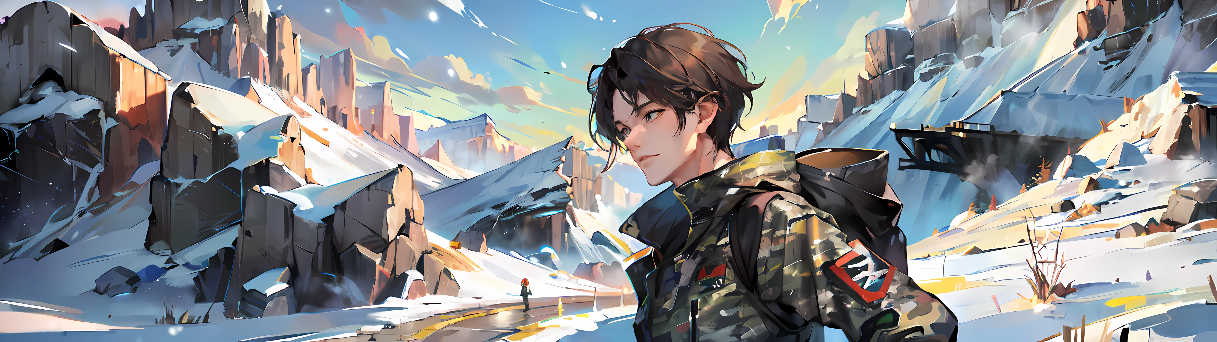 "(Ultra High Quality), (Ultra High Definition), (Superb Masterpiece), (Wearing Grey Camouflage Jumpsuits), (Short-haired black-haired middle-aged man: 1.3), ((Scenery) Snowy Mountain Peak, Snowstorm), (Bust Shot: 1.3)"