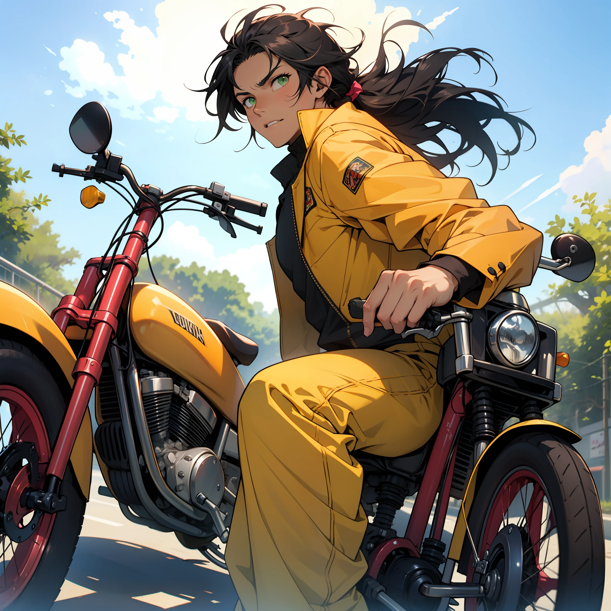 A cowboy, on a tricycle, yellow clothing, young, with a pink revolver, high quality, anime, 2d, green eyes, black hair, tall.