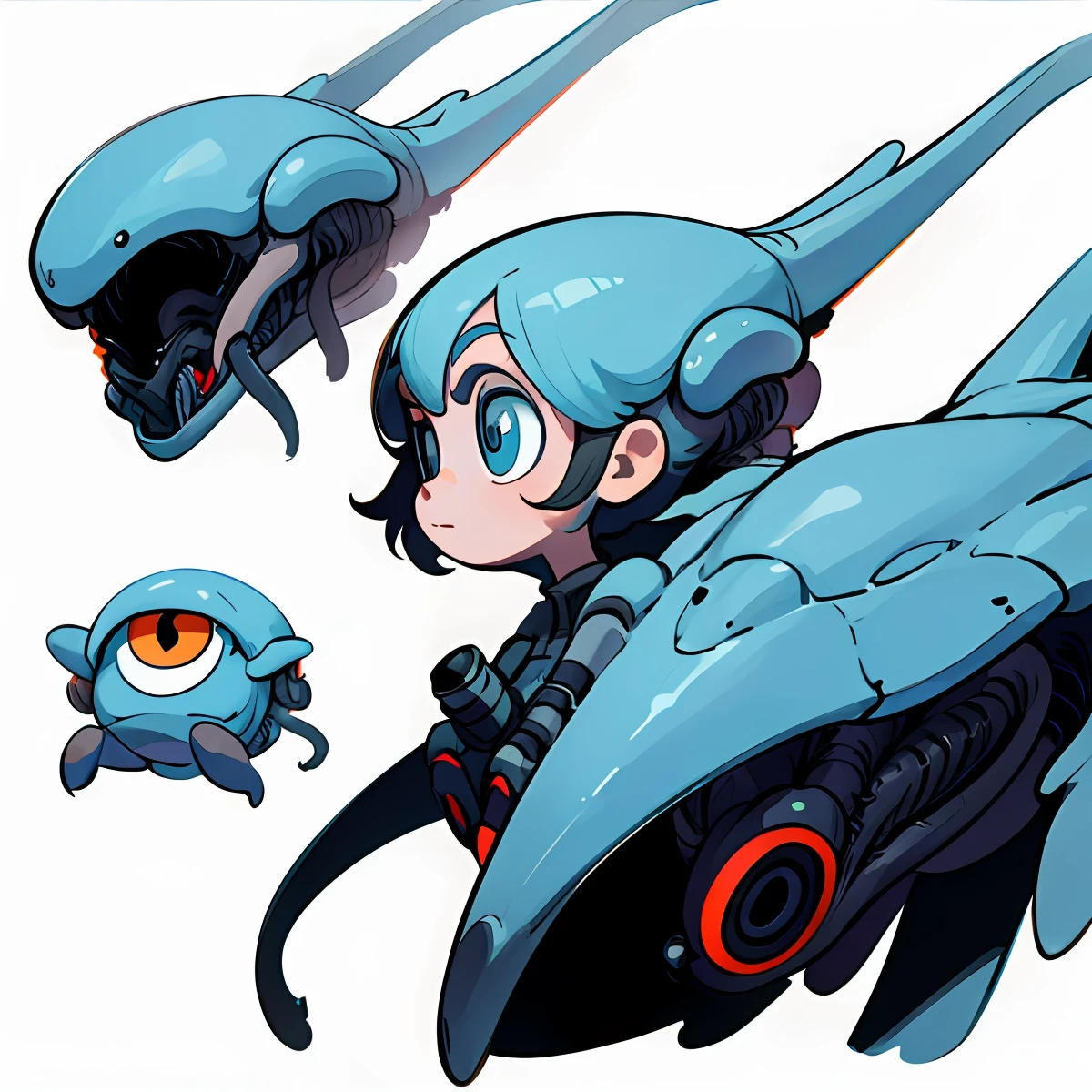 2d illustration, Alien creature, line art, white background, big eyes, video game character, side view.