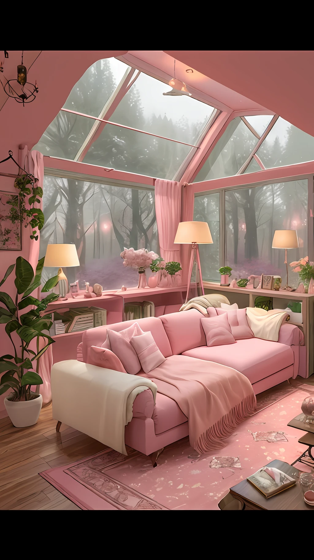 araffe room with a pink rug and a pink couch, in a candy land style house, brightly lit pink room, dreamy aesthetic, cozy aesthetic, cozy place, thomas kinkade. cute cozy room, soothing and cozy landscape, pink forest, cottagecore!!, cozy home background, with soft pink colors, cozy room, designed for cozy aesthetics!
