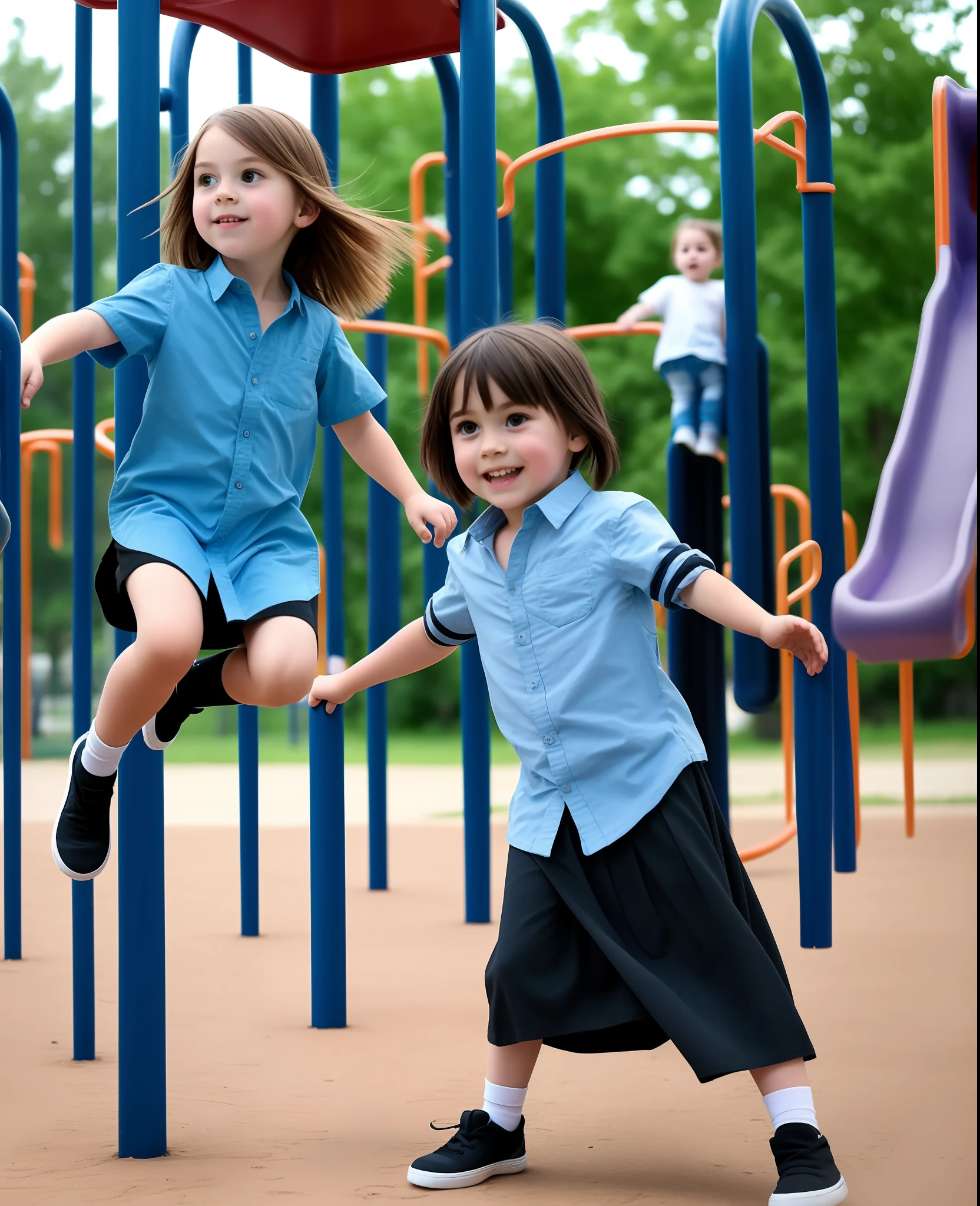 A long-haired child girl wearing a long men's shirt a skirt playing on the playground