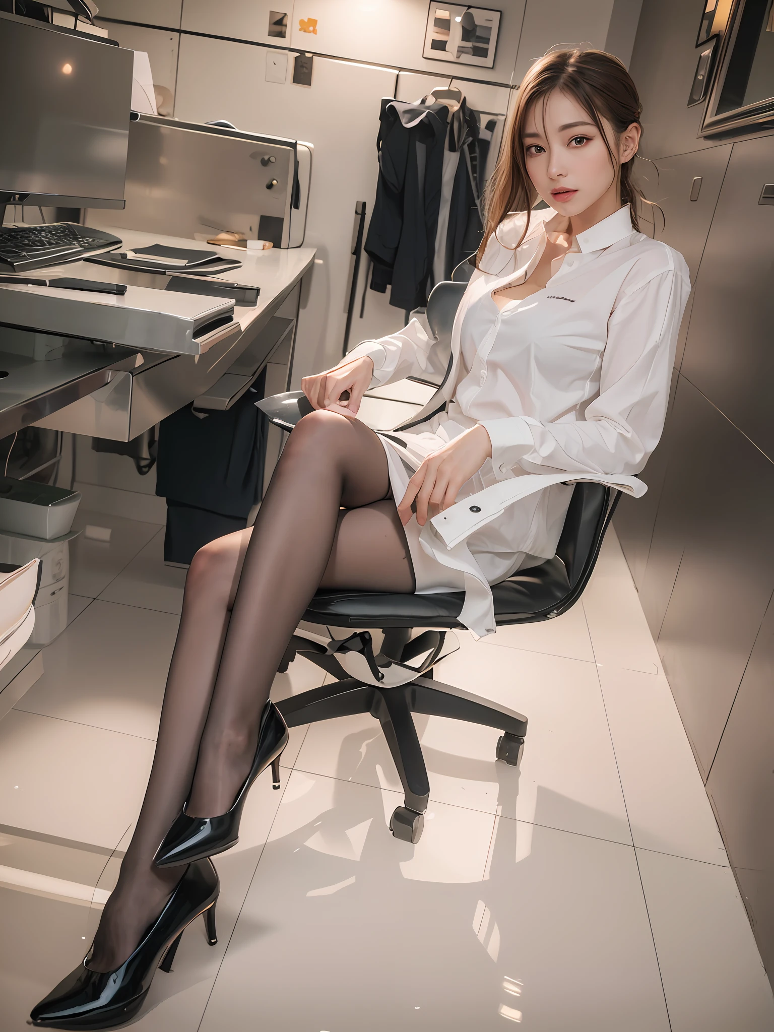 ((Realistic Lighting, Top Quality, 8K, Masterpiece: 1.3)), Focus: 1.2, 1 Girl, Perfect Beauty: 1.4, Slim Abs: 1.1, (Big), (White Shirt: 1.4), (Outdoor, Night: 1.1), Slender Legs, Black Pin Heels High Heels, City Street, Super Fine Face, Fine Eye, Double Eyelids, (Black Stockings Above Knee: 1.5), (wet in the rain, wet: 1.2)