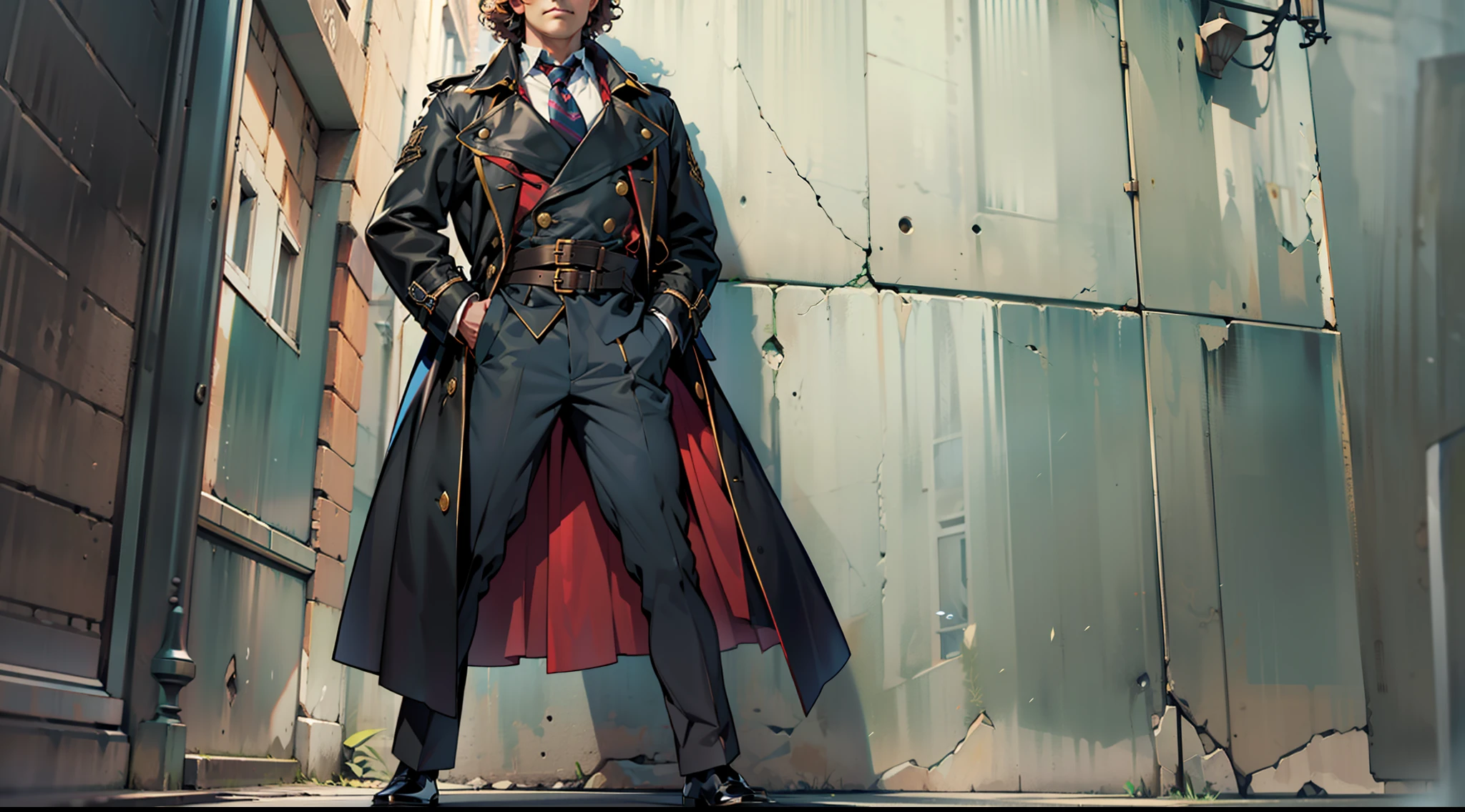 Middle-aged male adventurer, curly hair, beret, trench coat, necktie, baron's ring,19th century clothing style,(Standing posture:1.5),(full body:1.6)
