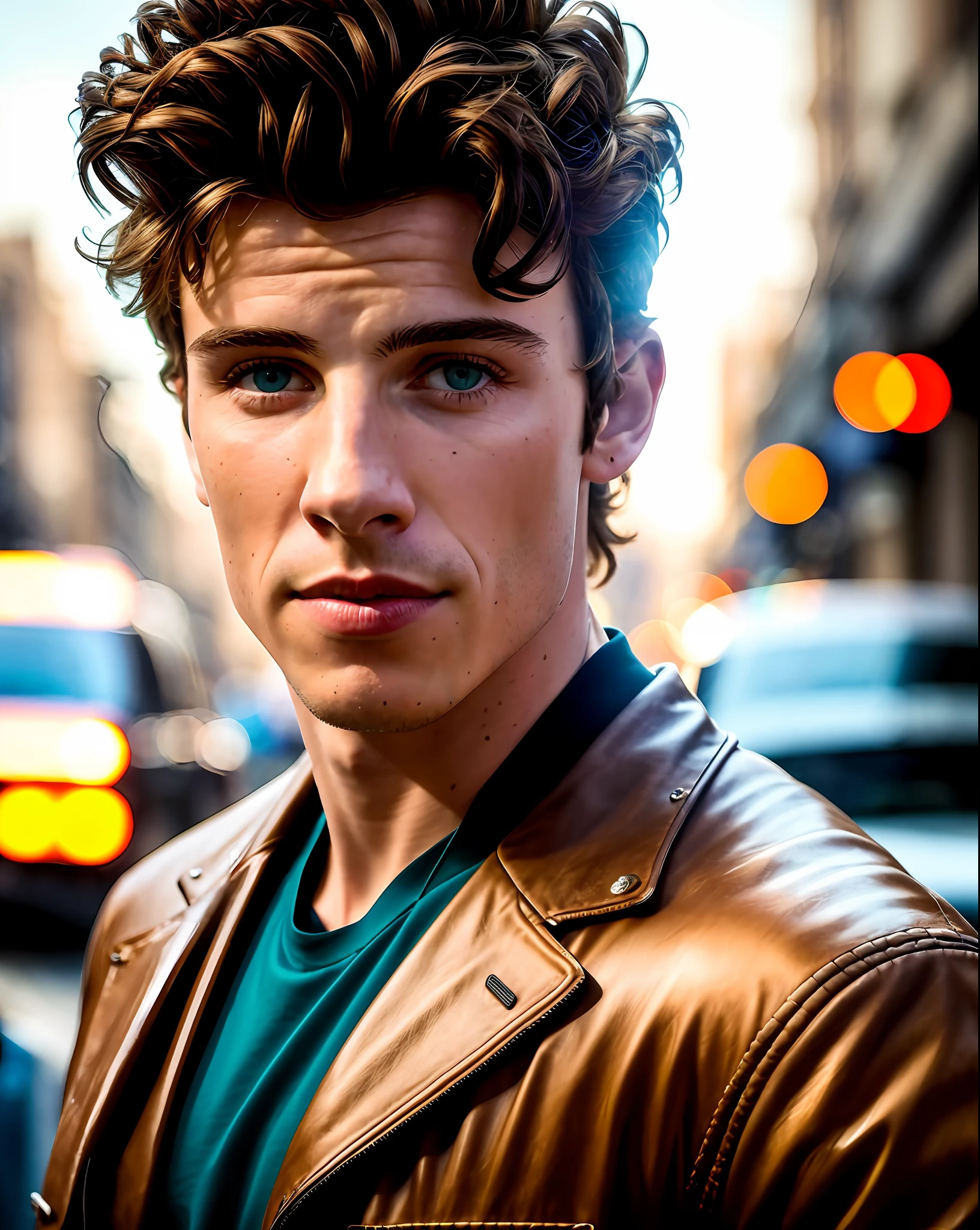 Photo portrait of a guy Shawn Mendes,light brown eyes: 1.9, bearded: 1.9, muscular in a used mech suit, ((light bokeh)), intricate, (steel metal [rust]), elegant, sharp focus, photo by greg rutkowski, soft lighting, vibrant colors, (masterpiece), ((streets)), (detailed face)+, looking at viewers: 1.9, looking directly at the camera: 1.9