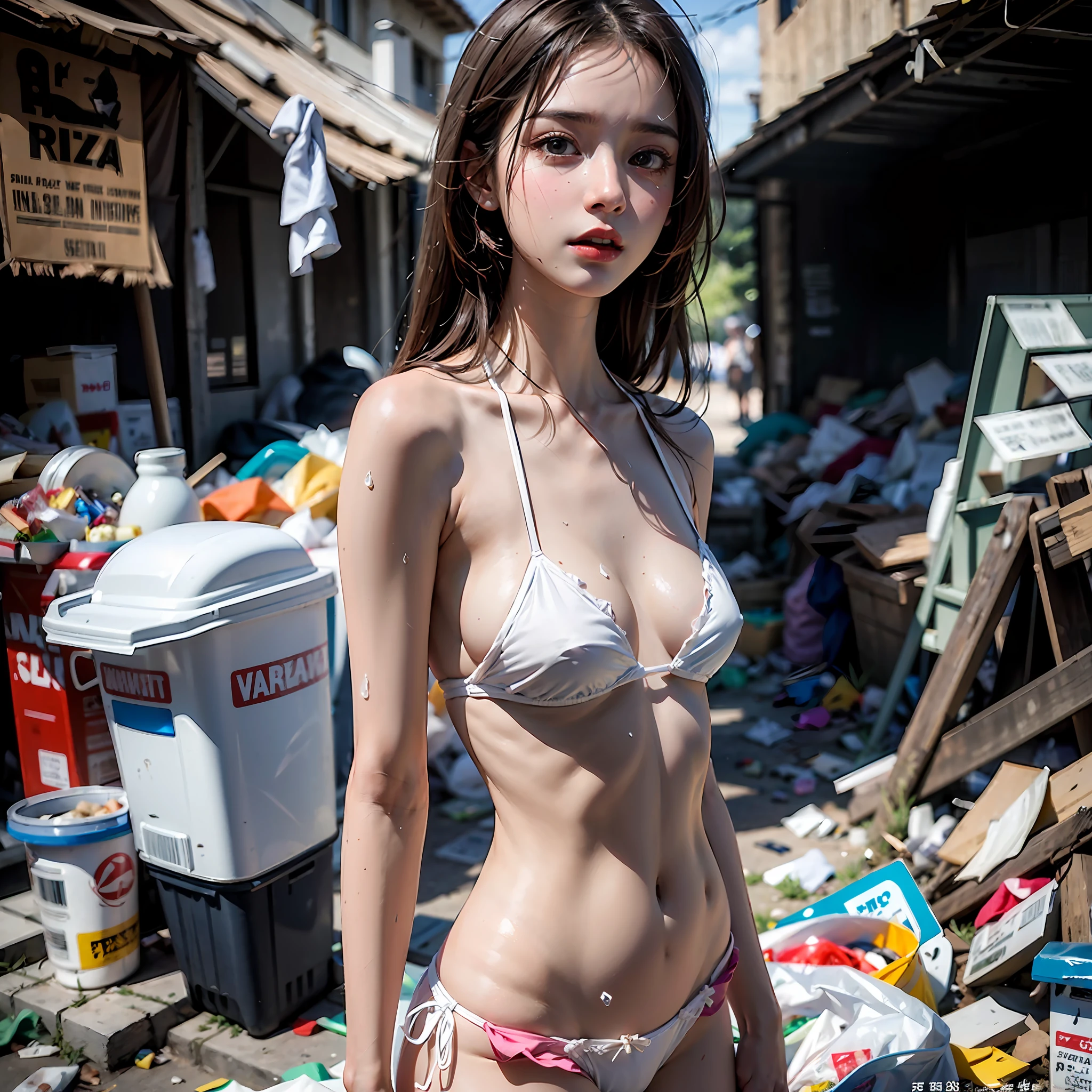 Slums, garbage heaps, many, many men, obscene, crowded, crowded, best quality, full body portrait (1:1), delicate face, 18 year old girl, slim and slender figure, skinny, smaller bust, white transparent bikini, looming, panties to crotch, barefoot, complete body and face,,, garbage, sweat, white viscous liquid