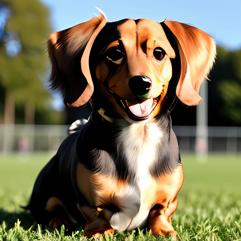 Long fur dachshund, (((Masterpiece, 8K, highest precision,))) Black tan, Black: 1.7 Brown: 0.3, ((((Long fur, long wavy fur)))) long fluffy hair, (((Short legs,))) mouth open, tongue out, heavy breathing, Laughing face, on the grass of the sports park, strong sunlight, sun,
