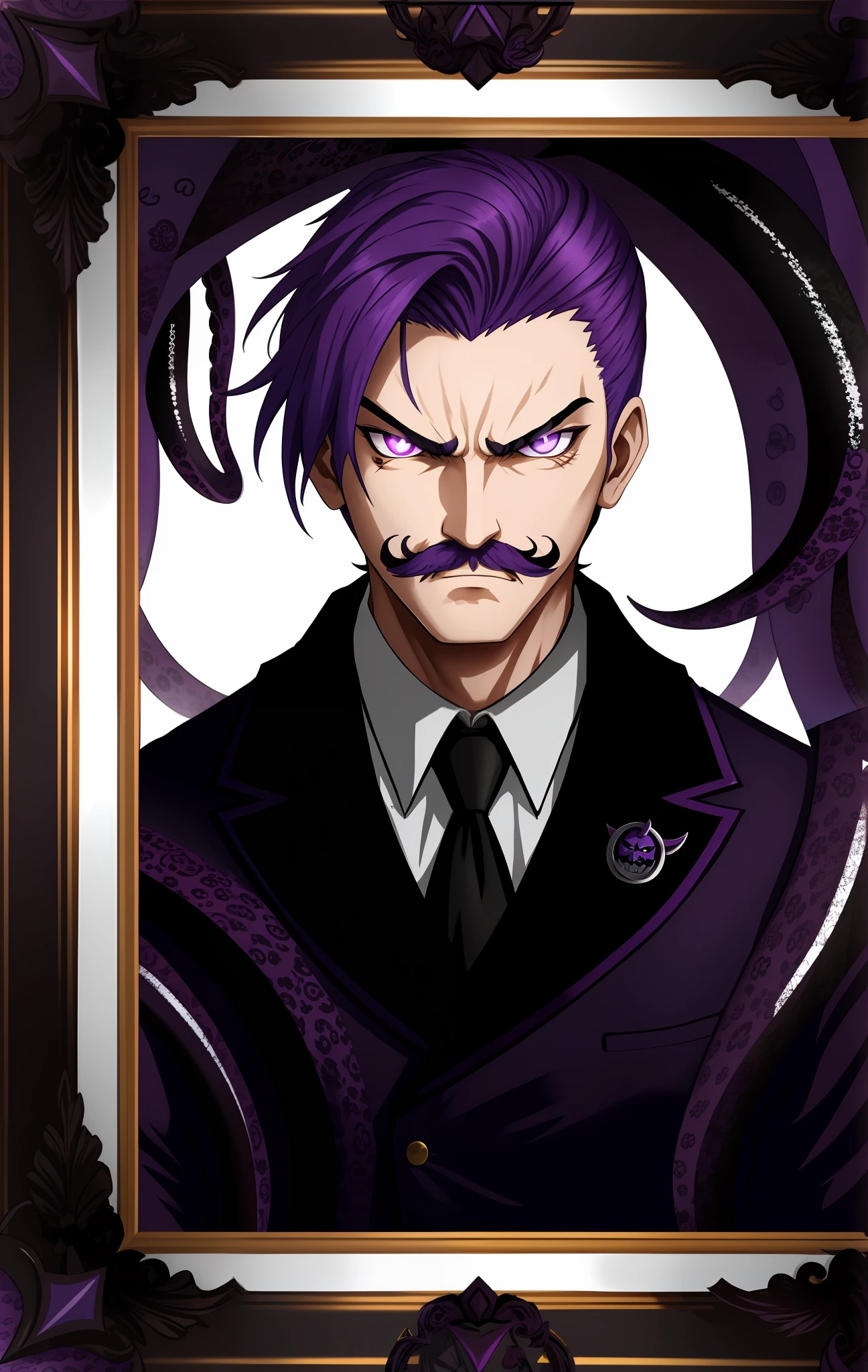Baron with purple hair, black mustache, evil look, baron clothes, old frame, purple eyes, tentacles around