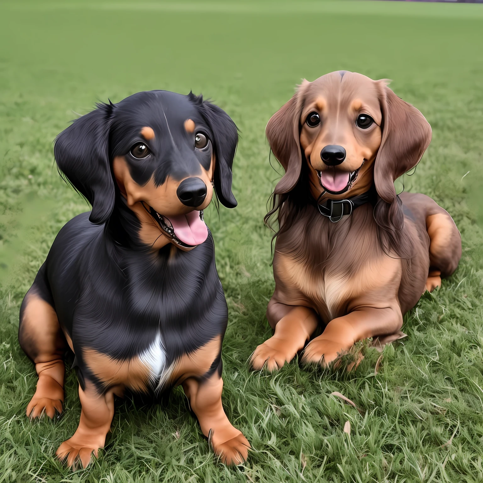 Long fur dachshund, (((Masterpiece, 8K, highest precision,))) Black tan, black: 1.5 and brown: 0.3, (((Long fur, long wavy fur)) long fluffy hair, (Short legs,))) mouth open, tongue out, heavy breathing, laughing face, on the grass of the sports park, strong sunlight, sun,