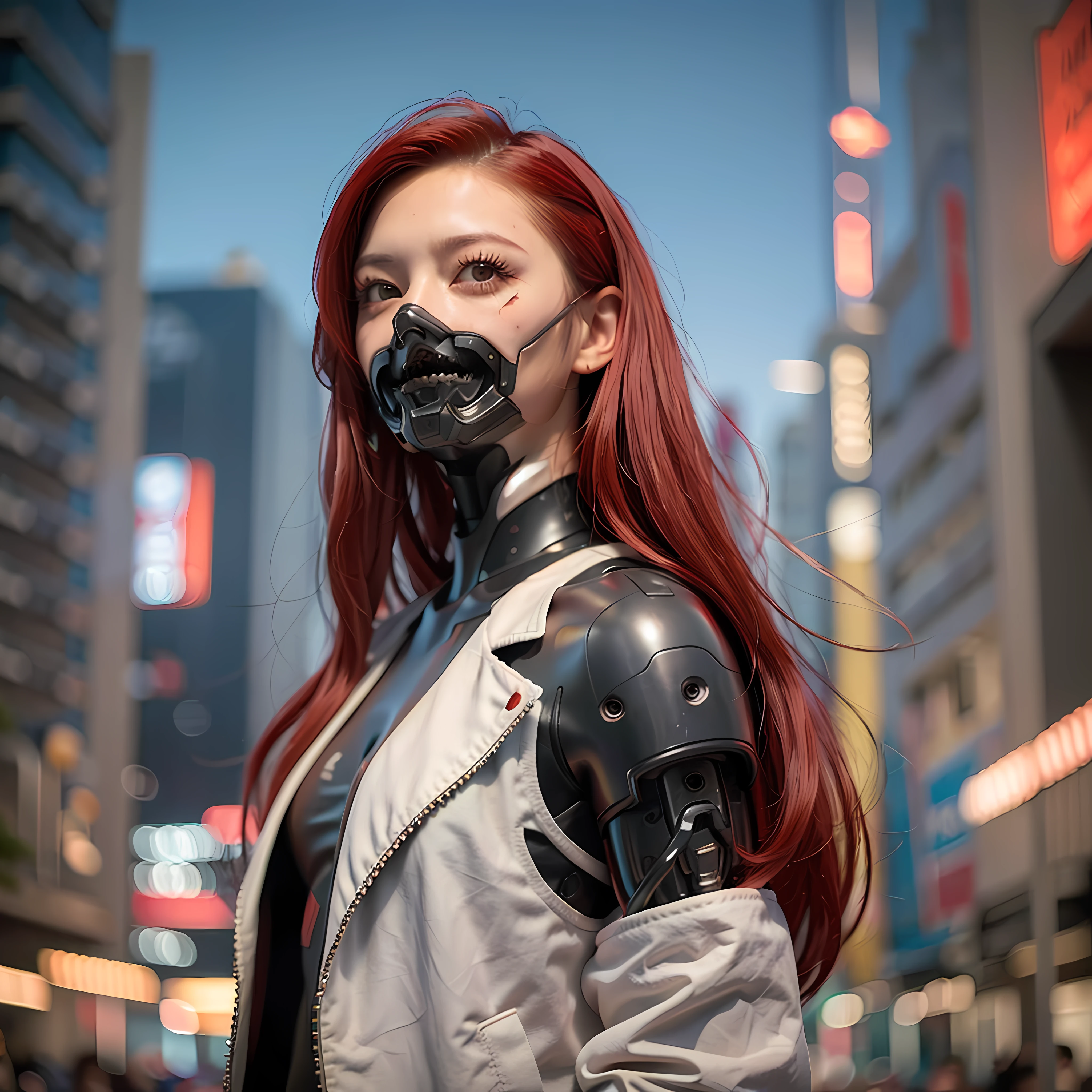 (Photorealistic:1.4), (Best Quality:1.0), (Ultra Resolution:1.0), (8K, RAW Photo), (Masterpiece:0.2), Portrait, Facial Focus,
(Cybernetic_Jawless), (mask), mechanical parts, cybernetics, 1 girl, asian girl, jacket, (long hair:1.5), (red hair:1.5),
Cyberpunk Street background, (neon: 1.2),