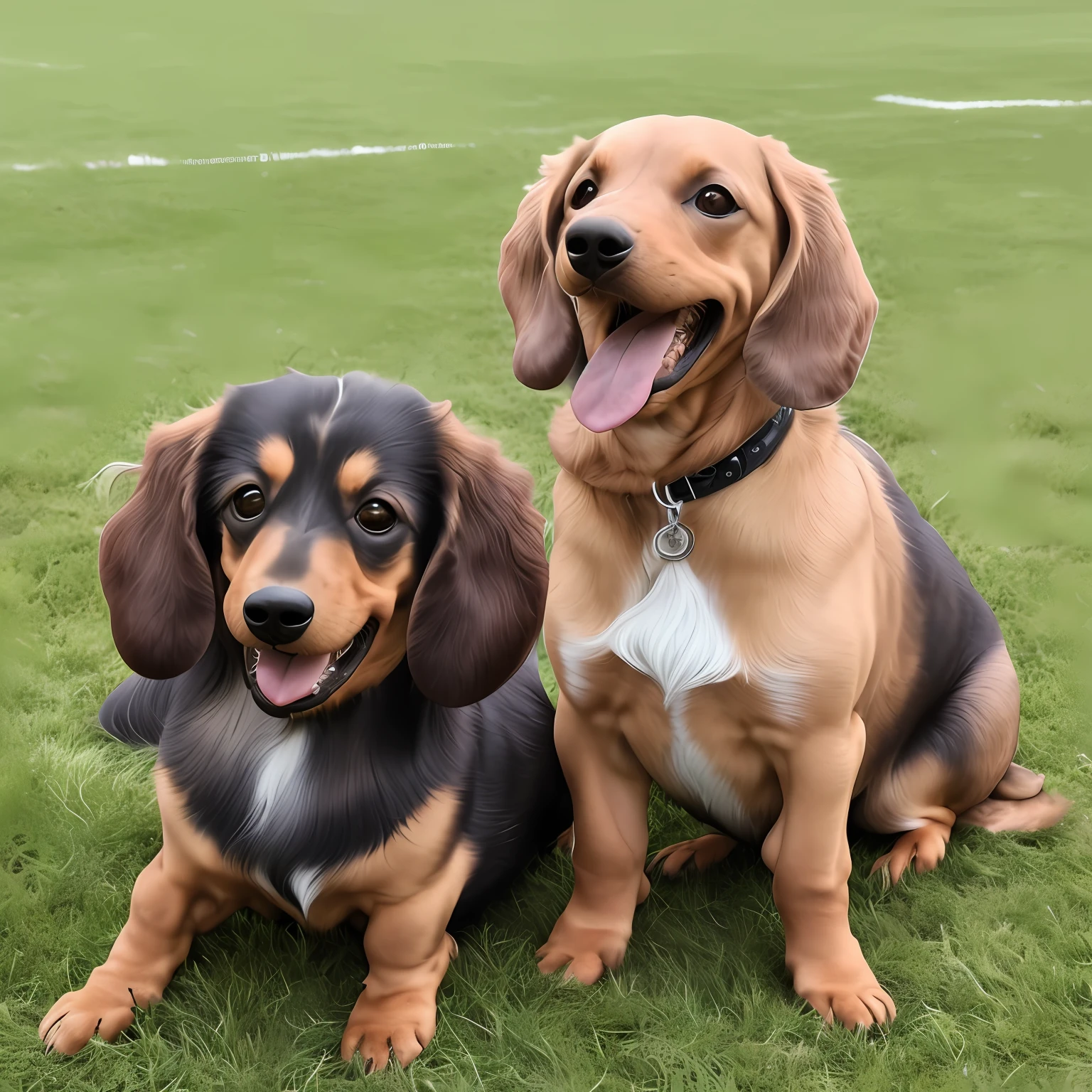 Long fur dachshund, (((Masterpiece, 8K, highest precision,))) Black tan, black: 1.5 and brown: 0.3, (((Long fur, long wavy fur)) long fluffy hair, (Short legs,))) mouth open, tongue out, heavy breathing, laughing face, on the grass of the sports park, strong sunlight, sun,