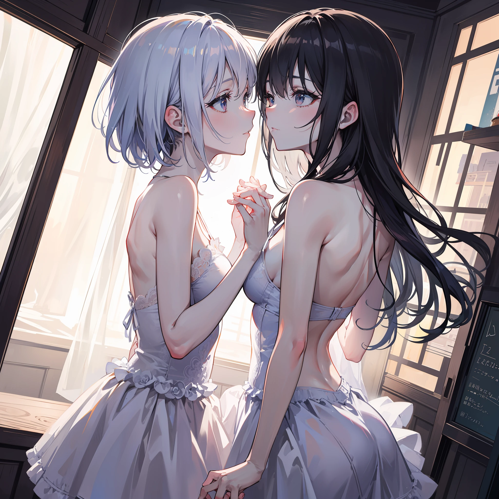 masterpiece,(bestquality),highlydetailed,ultra-detailed,pale,romantic,intense shadows,embrace,(2persons),(lovers),(couple),(tenderness),(warmth),soft lighting,fingers intertwined,gentle touch,passionate,whispering sweet nothings,back view,happiness,love in the air