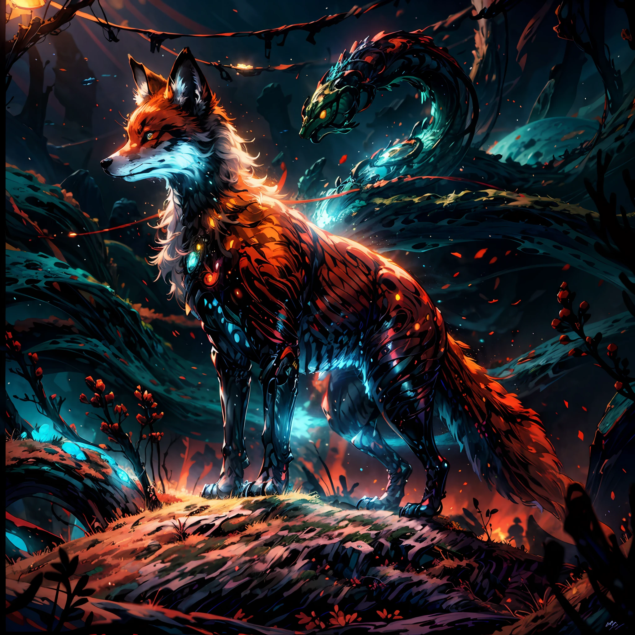 close shot of a mythical colorful fox,detailed colorful tail, shiny orange fur, detailed tail, detailed fur, the fox is standing in an alien field, looking at the distance with the glowing eyes, orange skin, crystal,,focus, alien landscape background .BREAK,Detailed realistic,4k highly detailed digital art,octane render, bioluminescent, BREAK 8K resolution concept art, realism,by Mappa studios,masterpiece,best quality,official art,illustration,ligne claire,(cool_color),perfect composition,absurdres, fantasy,focused,rule of thirds,