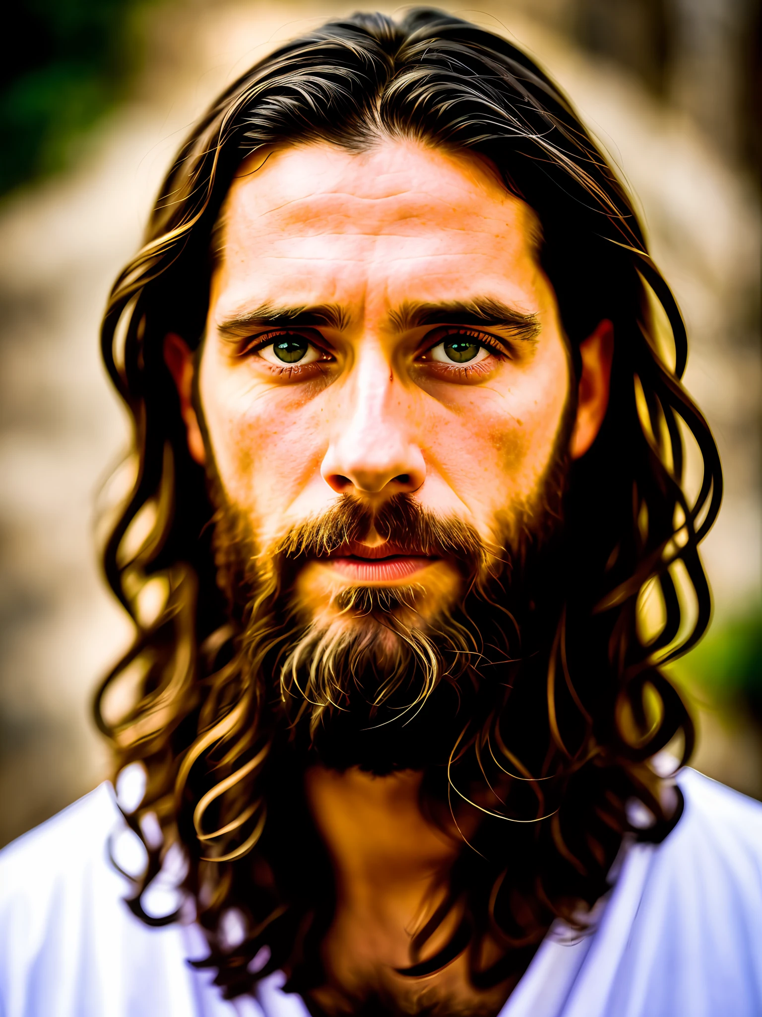 Bold RAW photo of Jesus of Nazareth, 32-year-old Hebrew man, Jesus Christ, fine eyes. The shot is taken with a professional, mid-shot camera, creating a natural, raw feeling. The lighting is soft and adds to the mysterious atmosphere of the scene. The image is very detailed, cinematic, behind which appears an intense light, and a crown of thorns