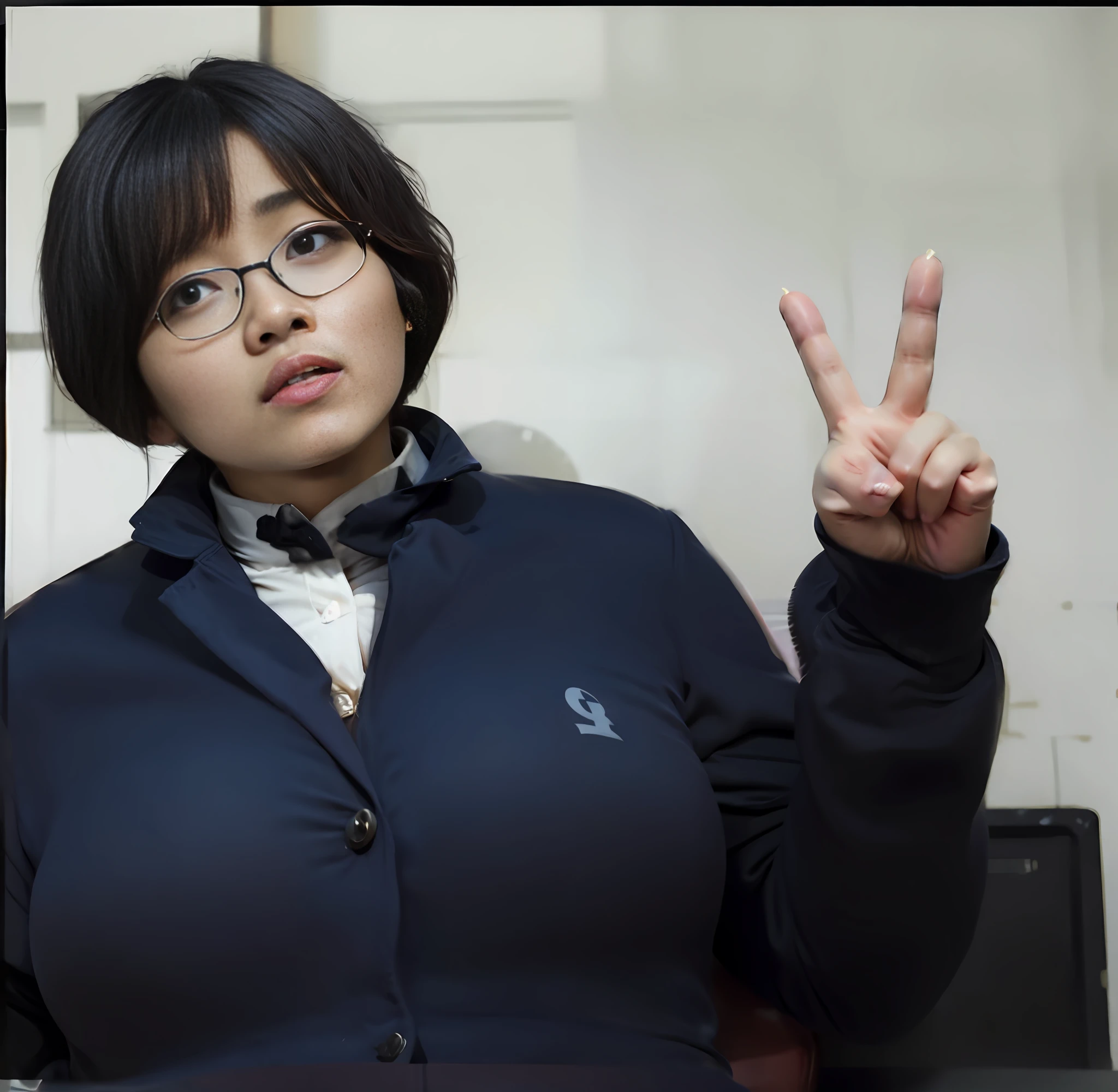 Woman in school uniform making a sign of peace, Kwak Ji-young, Nam Jae-yeon, profile picture, Junko Enoshima, Kim Jung-gi, Korean idol, Choi Hoon-hwa, profile picture, wearing a Japanese school uniform, Kim Jung-hee, bbwchan, Park Ji-min, Kim Tae-joon, brutal Korean gothic girl, glasses,