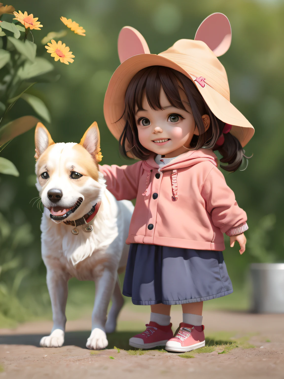 there is a girl that is standing next to a dog, adorable digital painting, realistic anime 3 d style, cute 3 d render, render of a cute 3d anime girl, cute detailed digital art, cute digital art, anime styled 3d, artwork in the style of guweiz, childrens art in artstation, kawaii realistic portrait, cute character