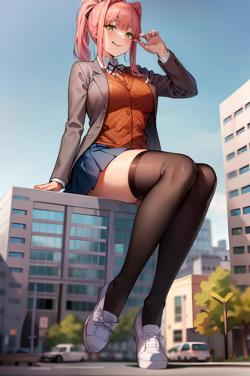 2d, masterpiece, best quality, anime, highly detailed, 1girl, solo, monika, green eyes, very long hair, ponytail, school uniform, straight-on, smile, (full body:1.5), giantess, smile, (from below:1.5), thick thighs, looking down at viewer, upskirt, (large breasts:1.3), field, (looming:1.3), mature female, high quality, hd quality, masterpiece, photorealistic, shoe soles, close-up foot, intense angle, :d, (sitting on building:1.6), very low angle, female pervert, toragao, crossed legs, closed mouth, (licking lips, licking own lips:1.1), (sitting:1.5), (white undershirt, orange sweater:1.2), (brown jacket:1.4), (absolute territory, black thighhighs:1.4), (uwabaki:1.5), full body in frame,