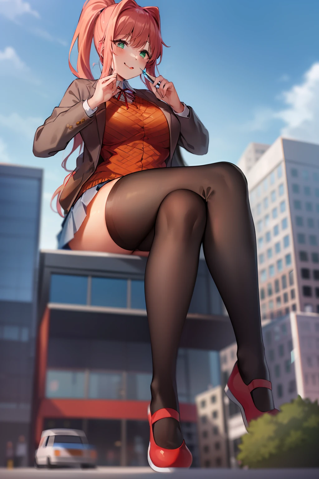 2d, masterpiece, best quality, anime, highly detailed, 1girl, solo, monika, green eyes, very long hair, ponytail, school uniform, straight-on, smile, (full body:1.5), giantess, smile, (from below:1.5), thick thighs, looking down at viewer, upskirt, (large breasts:1.3), field, (looming:1.3), mature female, high quality, hd quality, masterpiece, photorealistic, shoe soles, close-up foot, intense angle, :d, (sitting on building:1.6), very low angle, female pervert, toragao, crossed legs, closed mouth, (licking lips, licking own lips:1.1), (sitting:1.5), (white undershirt, orange sweater:1.2), (brown jacket:1.4), (absolute territory, black thighhighs:1.4), (uwabaki:1.5), full body in frame,