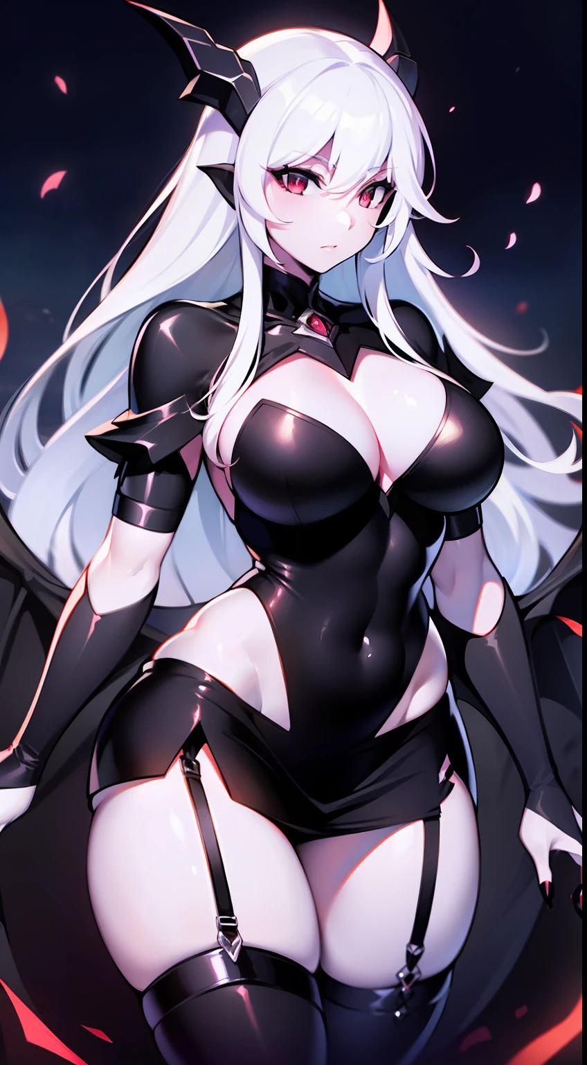 (masterpiece, best_quality, ultra-detailed, 8k, UHD, immaculate:1.3) epic, artgerm, pixiv, artstation, 1 girl, dragon girl without wings, dragon girl with scales on skin, white skin, black dragon horns, black outfit with straps, black collar around neck, sexy black outfit, black skirt, purple eyes, bright red eyes, beautiful red eyes, (detailed eyes), tight clothing, medium breasts, curvy hips, black fingernails, white hair, long wavy white hair, outdoors, at night, dark outside