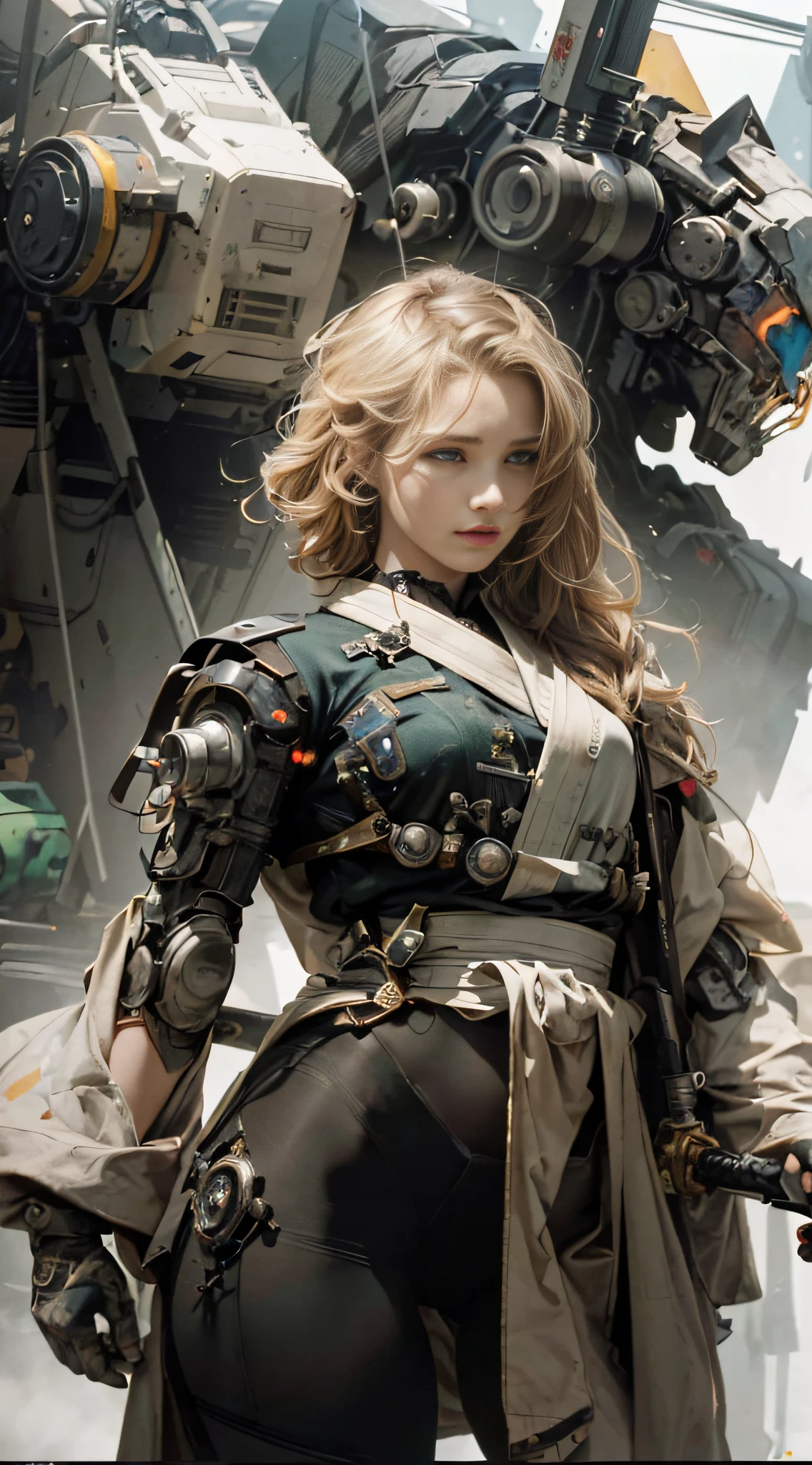 Masterpiece, Best Quality, Film, Official Art, Propaganda Art, Movie Wallpaper, Very Detailed CG Unified 4k Wallpaper, Intricate Details, White Background, Upper Body, Facial Focus, Concept Art, Production Art, ( , Highres, (realistic, photo-realistic:1.2), physically-based rendering, machinery, reflection, realistic, cyberpunk, symmetric front view close up head shot eyes symmetry face very sharp focus realistic award winning matte drawing movie light 1 boy, mecha, (Illustration: 1.1), slim, fair skin, delicate face, king robe, shine, tights, (long blonde hair), green eyes, battlefield, chip, shine, sword