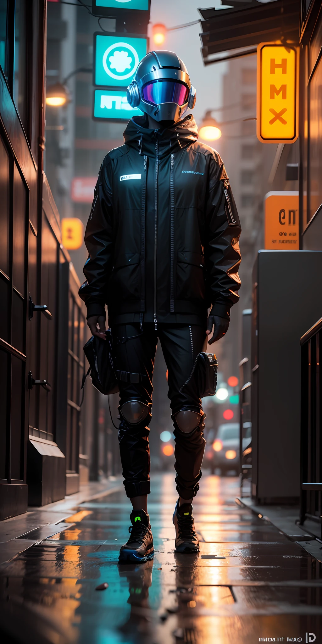 (masterpiece, full-body shot, intrincate raw photography)cyberpunk citizen in oversize techwear, using a black  astro daftpunk style helmet, neon light details, intrincate, futuristic, sharpness, ramdom pose, cyberpunk city, street neon lights, insta pic, photo of the year, octane render, substance, maya 3d, cinema4d, artstation trending, devian art trend, --auto