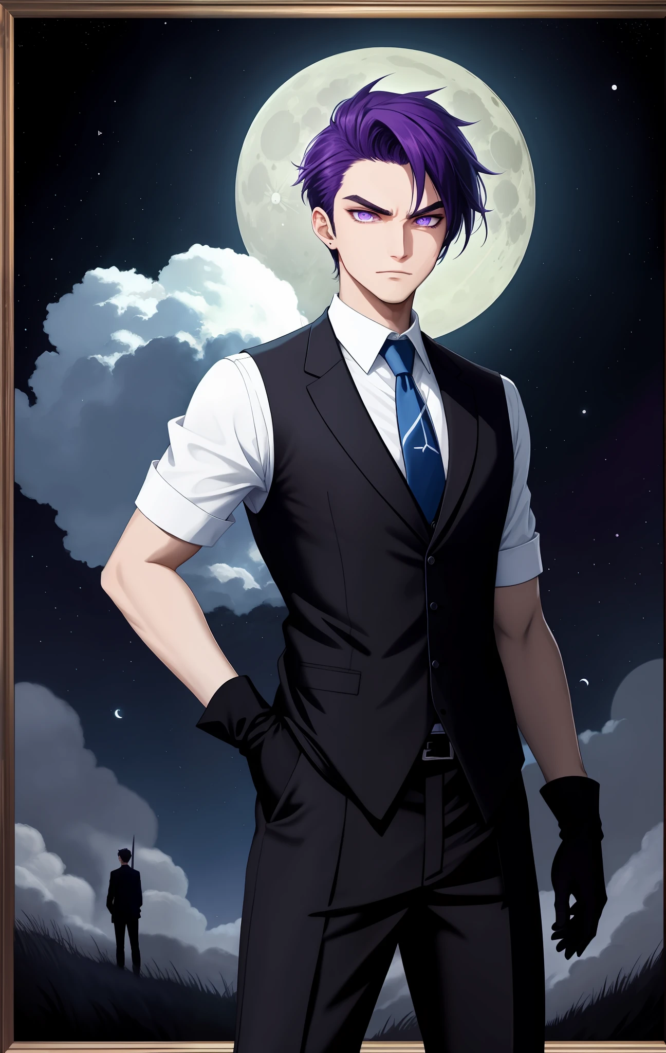 twenty-five-year-old man wearing vest and sleeveless dress shirt with gloves elegantly, social hair with paintings on the sides with moon and Dna patterns, wearing a fluorescent blue watch and purple eyes, evil look