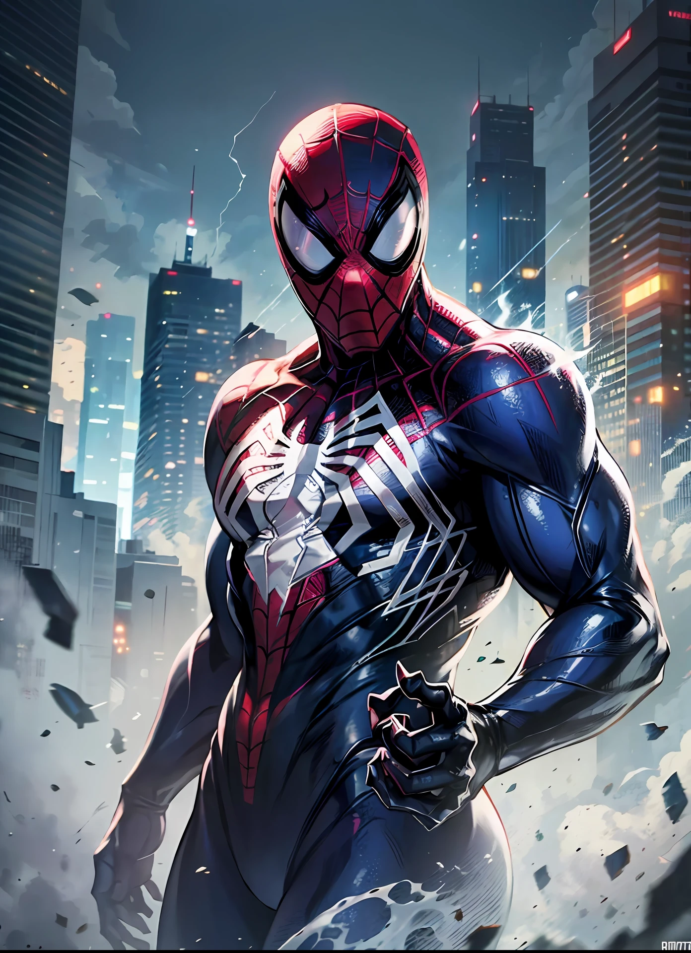 spider man, organic-looking outfit, gooey testura, symbiote, white eyes, fine art, cinematic scene, highly detailed detailed cinematic rendering, ultra photorealistic raytricing, with cinematic lighting