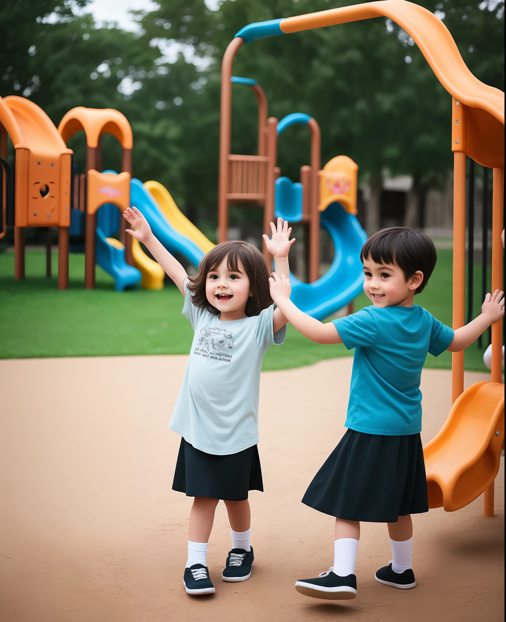 A long-haired child girl wearing a long men's shirt a skirt playing on the playground