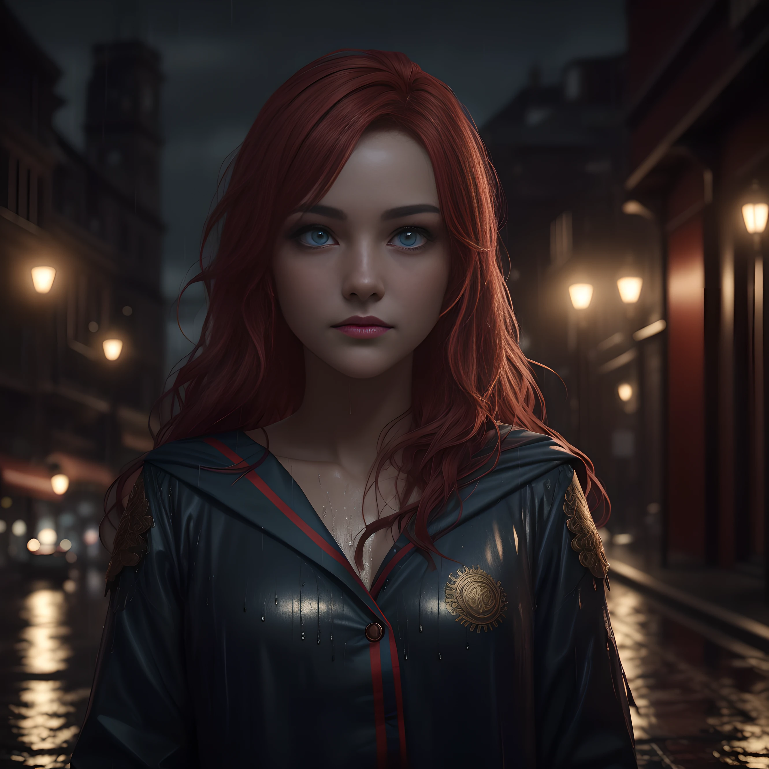 (best quality:1.0), (ultra highres:1.0), (masterpiece:1.0), (heavy rain 1.0), (best quality:1.4), (ultra highres:1.2), (photorealistic: 1.4), 8k resolution, Canon EOS R5,s, (bright skin1.15), (8k, RAW photo, photorealistic: 1.25) (blue eyes), (long red hair), (realistic photo: 1.3), (high detailed skin: 1.2), (rainy night 1.2) (wet body), (wet clothing), wet skin), (wet skin), 8k uhd,  Dslr, Soft lighting, global lighting. ray tracing in the light (eyes full of life), Unreal Engine 5, 8k wallpaper of extremely detailed CG unit, (best HDR), ultra realistic pupil, realistic eyebrow, ulzzang-6500-v1.1, 3D, (best ray tracing in an image) portrait photography, beautiful young long hair and red woman, a golden medieval armor with ray tracing, soaked, eyes visible through the hair,  red inner hair, proper eye position, natural skin, backlight, cinematic light, rim light, soft light, hips, at night, city side background, graduated color detailed background, intricate, highly detailed, octane render, HD, 8k,