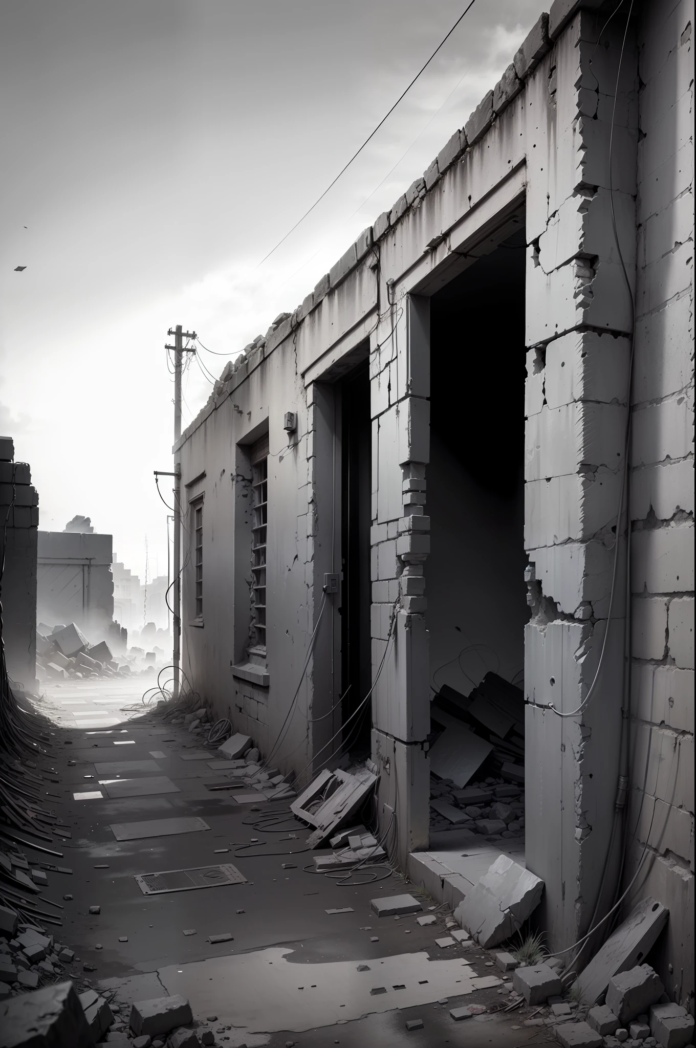 (background ancient ruins), original,(illustration:1.2 black and white),(best quality), (masterpiece:1.2), (8k wallpaper, black and white image, made in HB graphite pencils, (panoramic photo:1.4),(full body:1.05), (splashes),((GRAPHITE)), sharp focus, Old robot, rusty scrap, hanging hoses, wires, rubble, outdoors, stones, ruins, forehead --auto