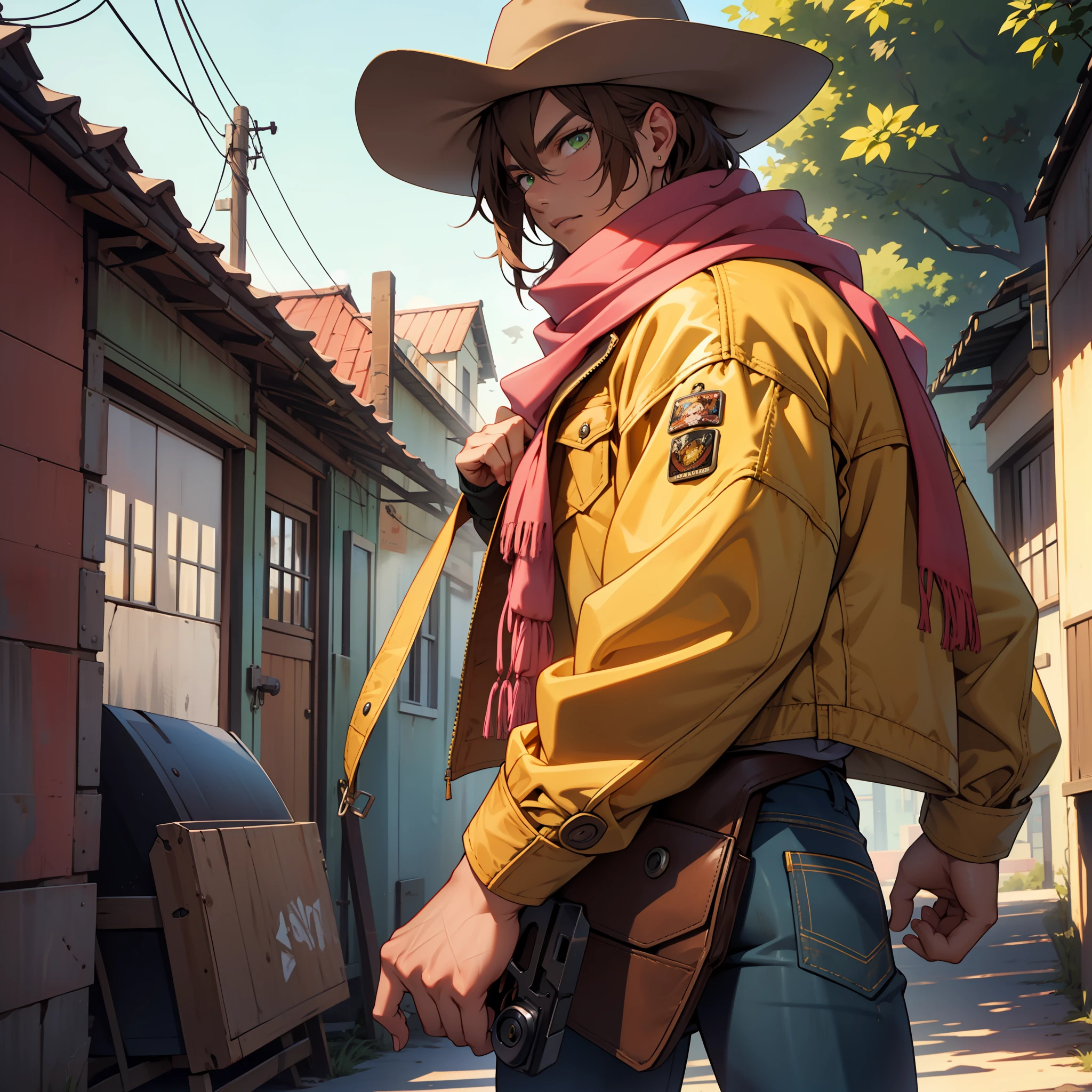 1boy, wearing cowboy clothes, bandit, with a pink revolver, red neck scarf, yellow cowboy jacket, brown high boots, blue tight pants, brown cowboy hat, how many brown color, brown skin, bright green eyes, background of Campo at sunset, high quality, detailed, anime, 2d