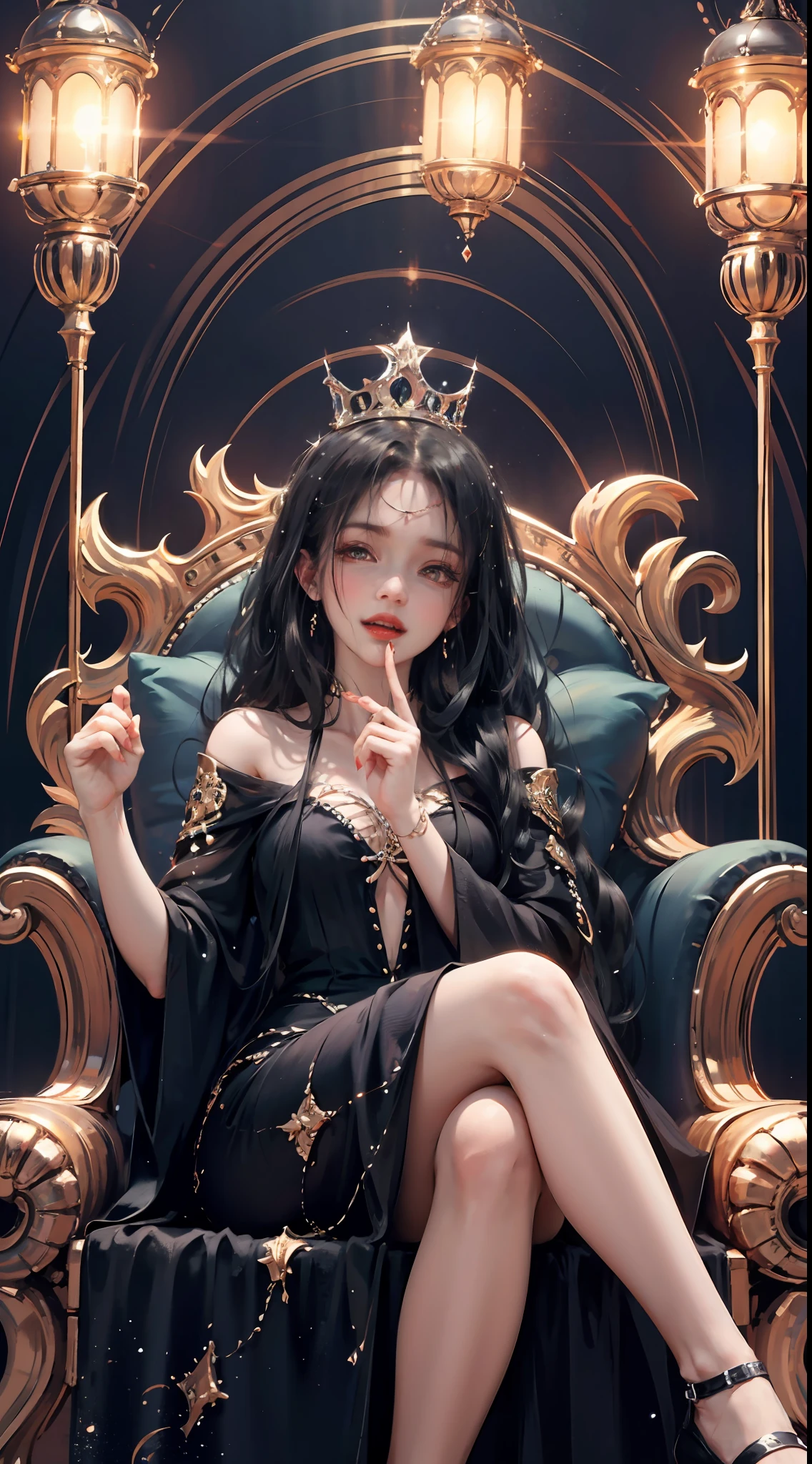 Classic background, Queen of Darkness sitting on a throne, looking down on the viewer, one hand on chin, beautiful and big eyes, mischievous laughter, glowing eyes, black hair, long wavy hair, princess, elegant long dress, dynamic, wlop, from below, standing