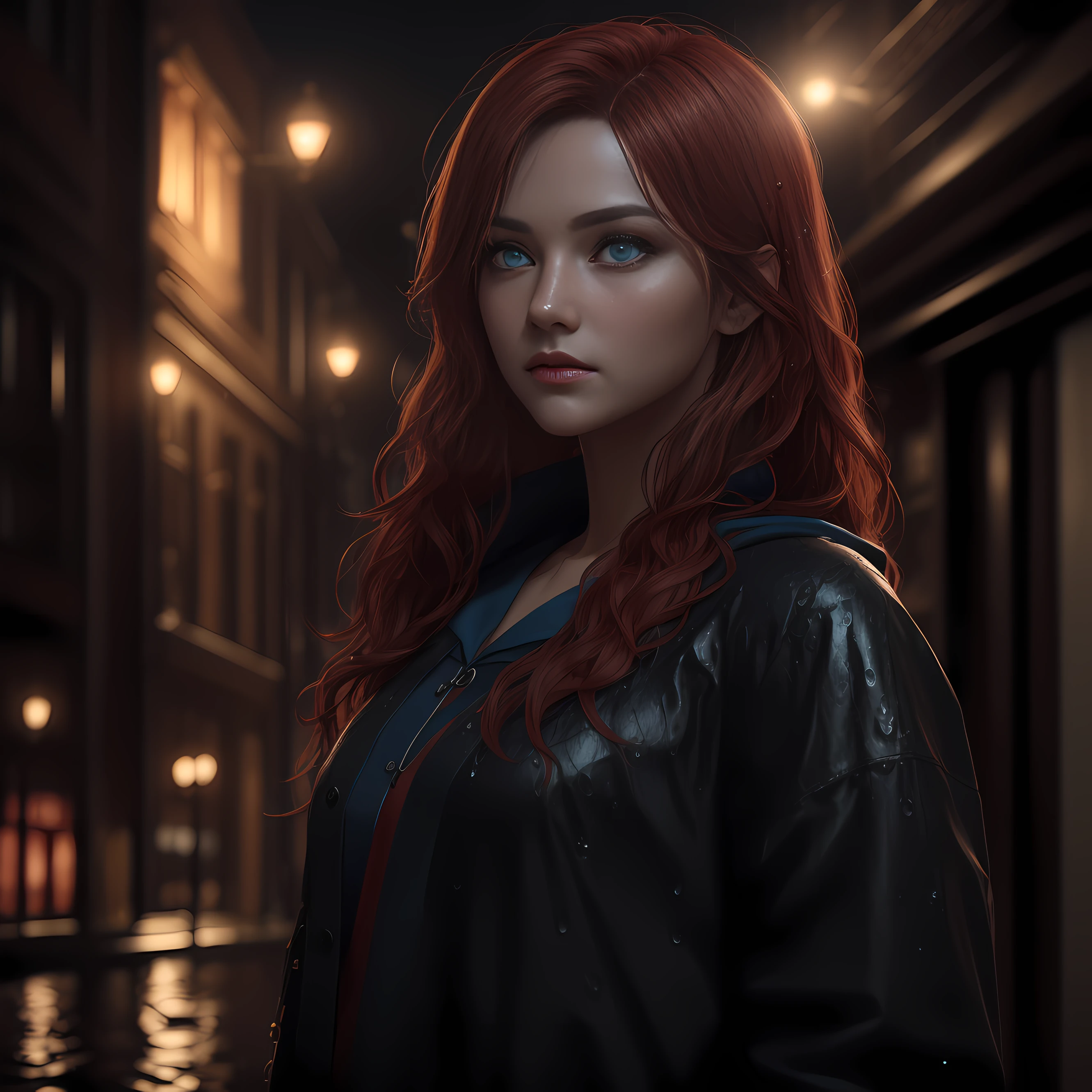 (best quality:1.0), (ultra highres:1.0), (masterpiece:1.0), (heavy rain 1.0), (best quality:1.4), (ultra highres:1.2), (photorealistic: 1.4), 8k resolution, Canon EOS R5,s, (bright skin1.15), (8k, RAW photo, photorealistic: 1.25) (blue eyes), (long red hair), (realistic photo: 1.3), (high detailed skin: 1.2), (rainy night 1.2) (wet body), (wet clothing), wet skin), (wet skin), 8k uhd,  Dslr, Soft lighting, global lighting. ray tracing in the light (eyes full of life), Unreal Engine 5, 8k wallpaper of extremely detailed CG unit, (best HDR), ultra realistic pupil, realistic eyebrow, ulzzang-6500-v1.1, 3D, (best ray tracing in an image) portrait photography, beautiful young long hair and red woman, a golden medieval armor with ray tracing, soaked, eyes visible through the hair,  red inner hair, proper eye position, natural skin, backlight, cinematic light, rim light, soft light, hips, at night, city side background, graduated color detailed background, intricate, highly detailed, octane render, HD, 8k,