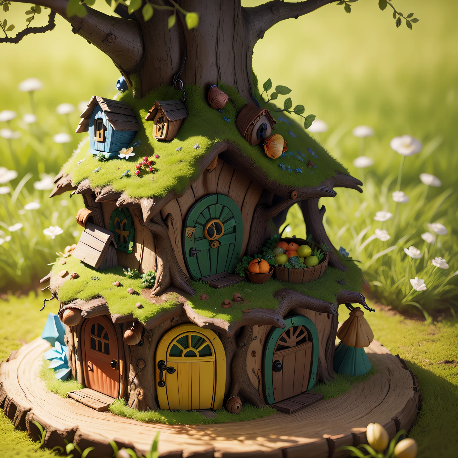 some tiny little people toys Under the tomato tree, natural light, miniature, blur background, clear details, tilt-shift, macro photography, isometric, 3d --auto