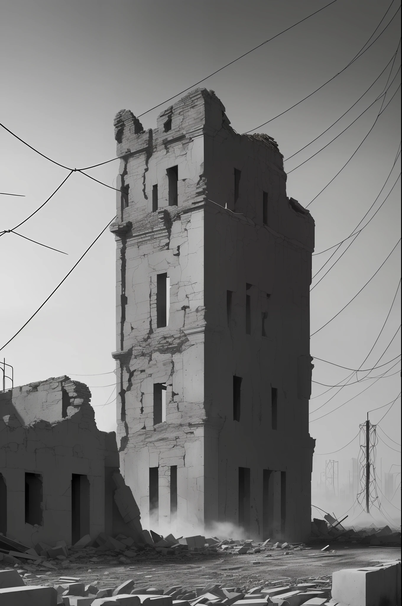 (background ancient ruins), original,(illustration:1.2 black and white),(best quality), (masterpiece:1.2), (8k wallpaper, black and white image, made in HB graphite pencils, (panoramic photo:1.4),(full body:1.05), (splashes),((GRAPHITE)), sharp focus, Old robot, rusty scrap, hanging hoses, wires, rubble, outdoors, fog, stones, ruins, forehead --auto