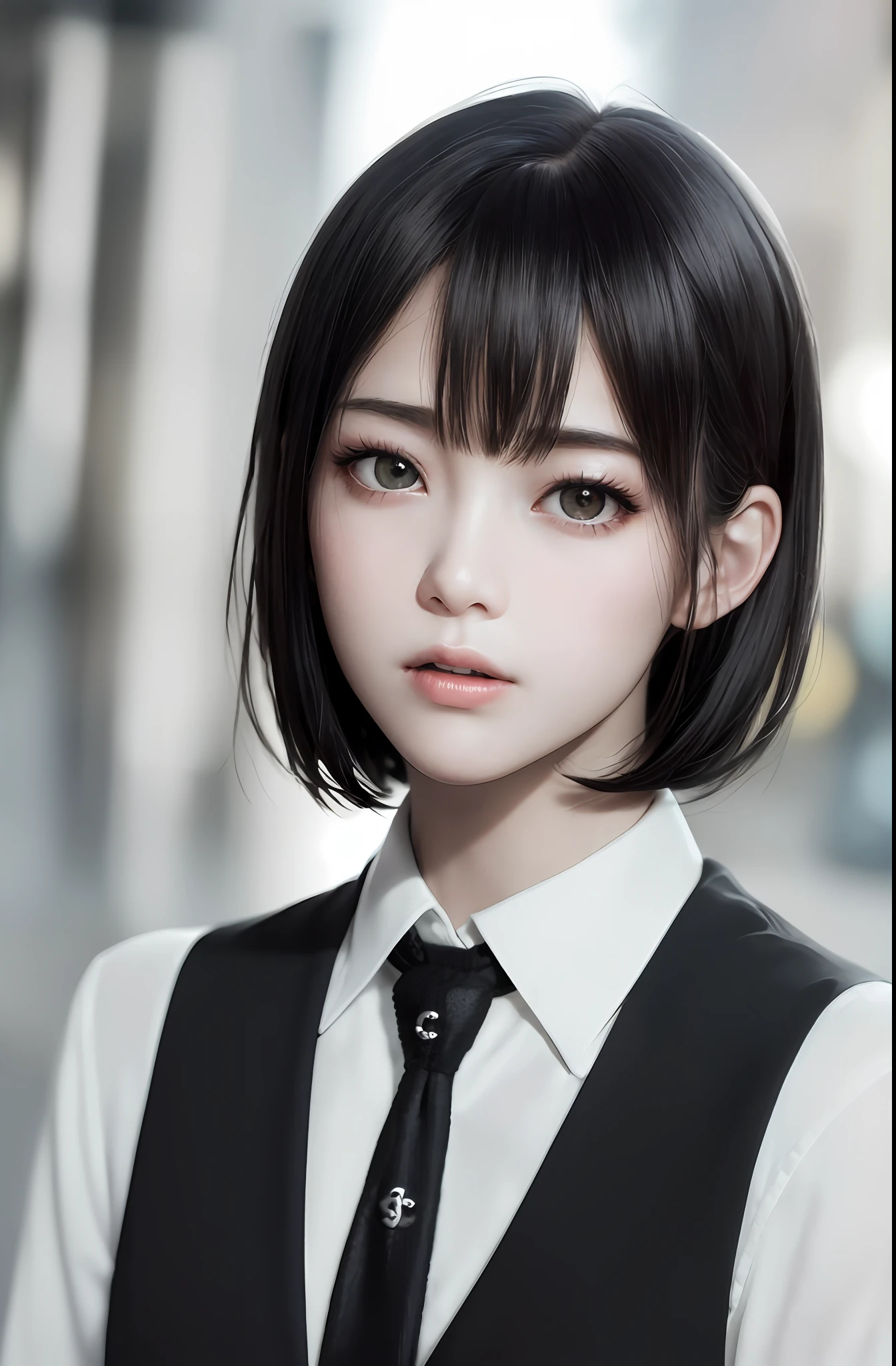 masterpiece, (photorealistic: 1.4), best quality, beautiful lighting, (ulzzang-6500: 0.5), mikasa \(attack on the titans\), (black hair)+(short chanel hair)+(bangs), black eyes, ((eyes with dark circles)), (white shirt), (tie), RAW photo, 8k uhd, film grain