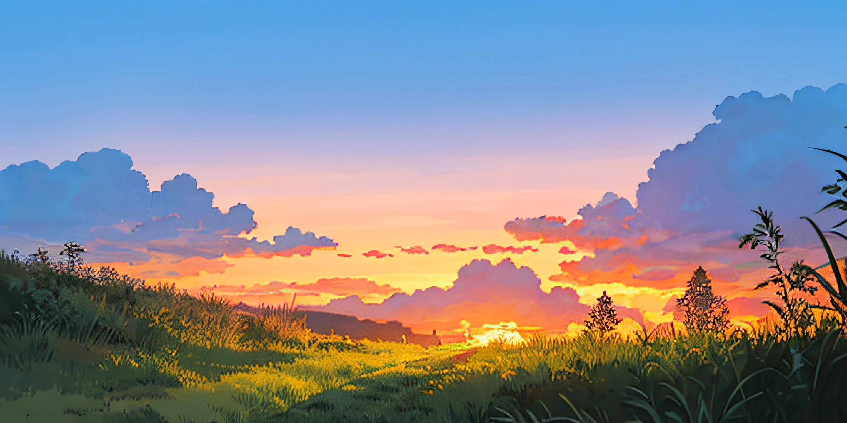 (((best quality))),blue_sky, bush, cloud, day, field, forest, grass, hat, hill, house, mountain, multiple_boys, nature, on_grass, outdoors, overgrown, path, plant, power_lines, road, ruins, scenery, sky, sunset, tree, twilight, utility_pole