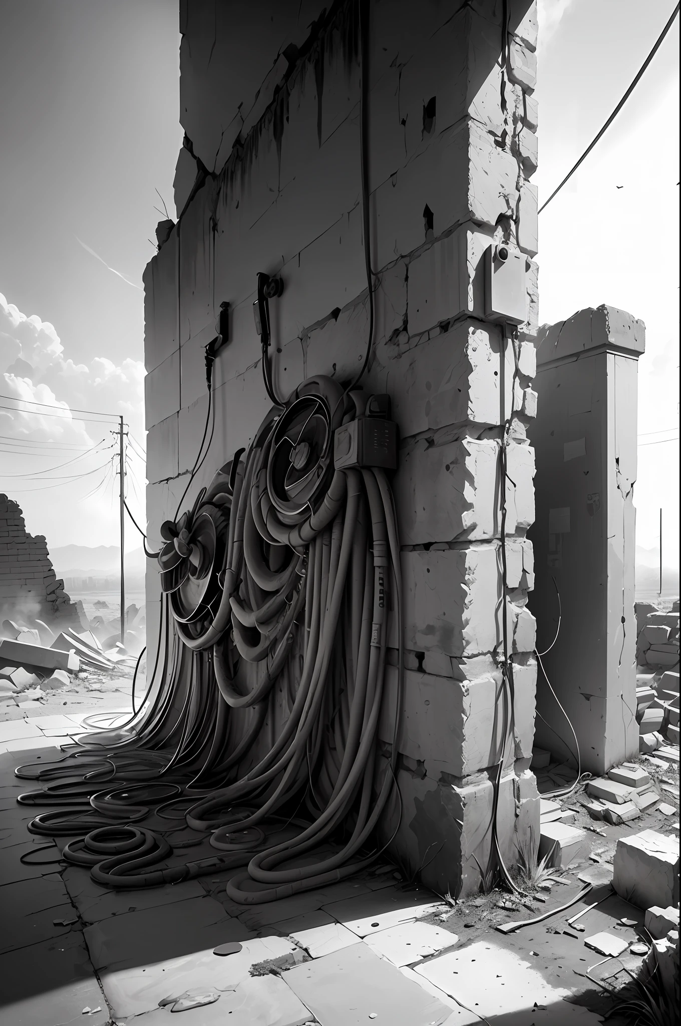 (background ancient ruins), original,(illustration:1.2 black and white),(best quality), (masterpiece:1.2), (8k wallpaper, black and white image, made in HB graphite pencils, (panoramic photo:1.4),(full body:1.05), (splashes),((GRAPHITE)), sharp focus, Old robot, rusty scrap, hanging hoses, wires, rubble, outdoors, stones, ruins, forehead --auto