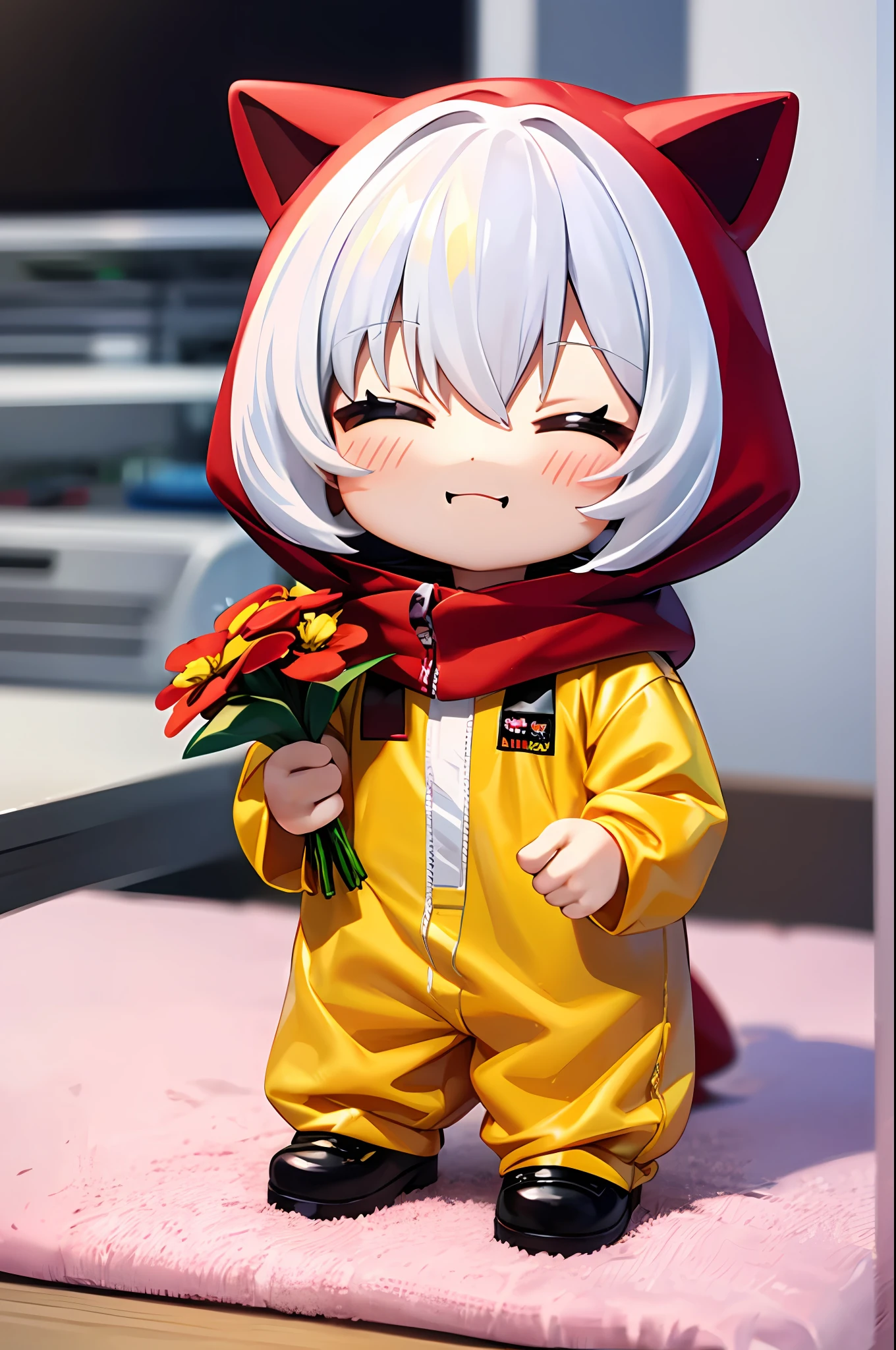 (Chibi: 1.3), happy, (holding a bouquet), full body, (Kigurumi), indoors, on the table, (Nendoroid),
