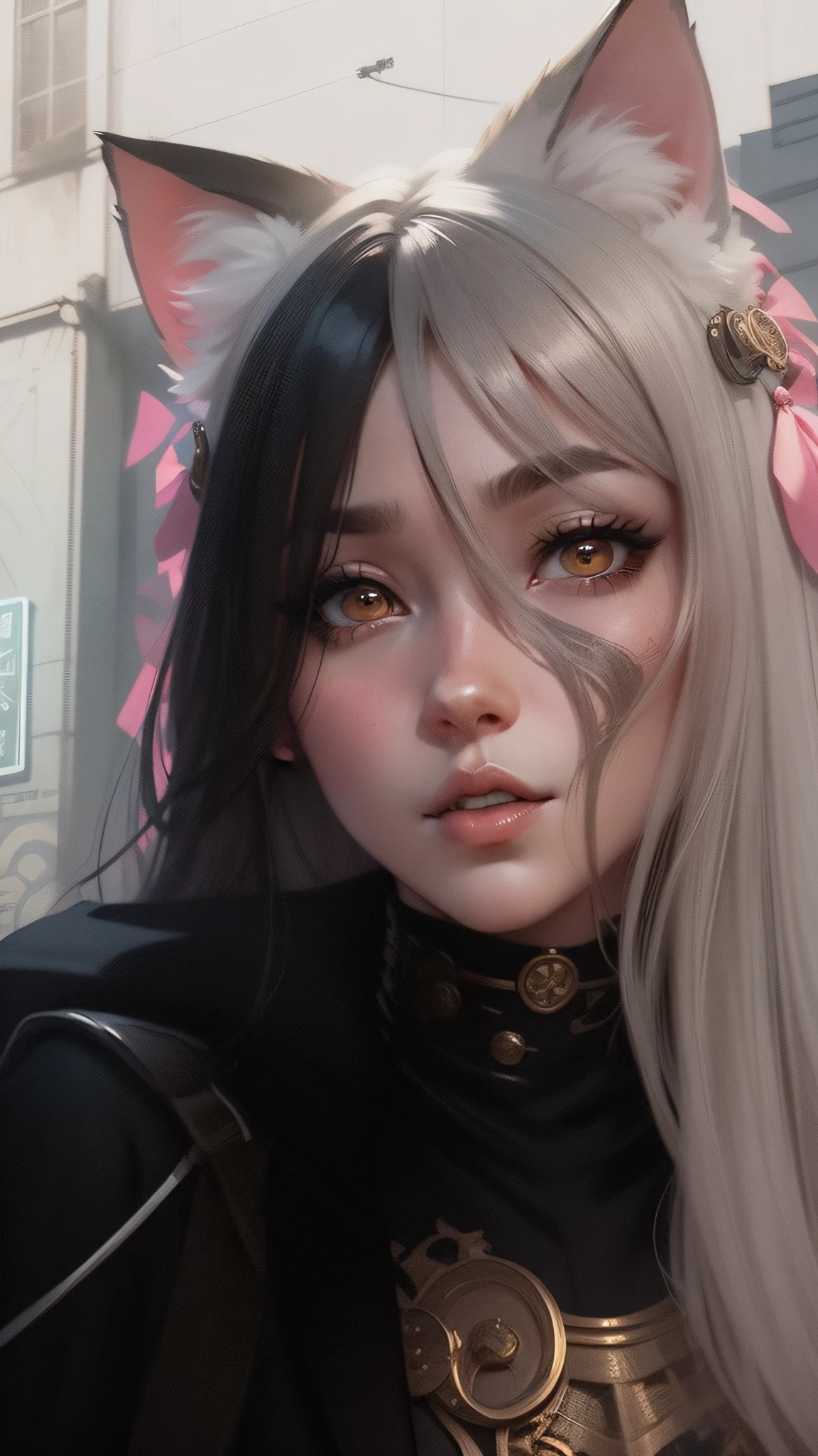 anime - style illustration of a woman with cat ear and coat in front of one by one wall, a character portrait by Ni Yuanlu, cgsociety contest winner, fantasy art, beautiful steampunk anime woman, steampunk fantasy style, in steampunk cityscape, steampunk illustration, steampunk concept art, Victorian sci inspired - fi, steampunk girl, steampunk world, lofi steampunk bioshock portrait
