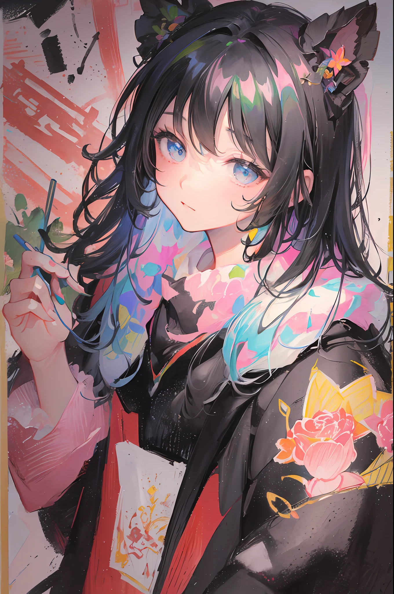 Fine brush, beautiful. Detailed drawings. High image quality,ultra detailed, detailed watercolor and pencil and black ink, soft and fantastic, pastel, 《(Colored pencils, glaze overcoat, thick impasto, creation of light and ,花鳥風月
