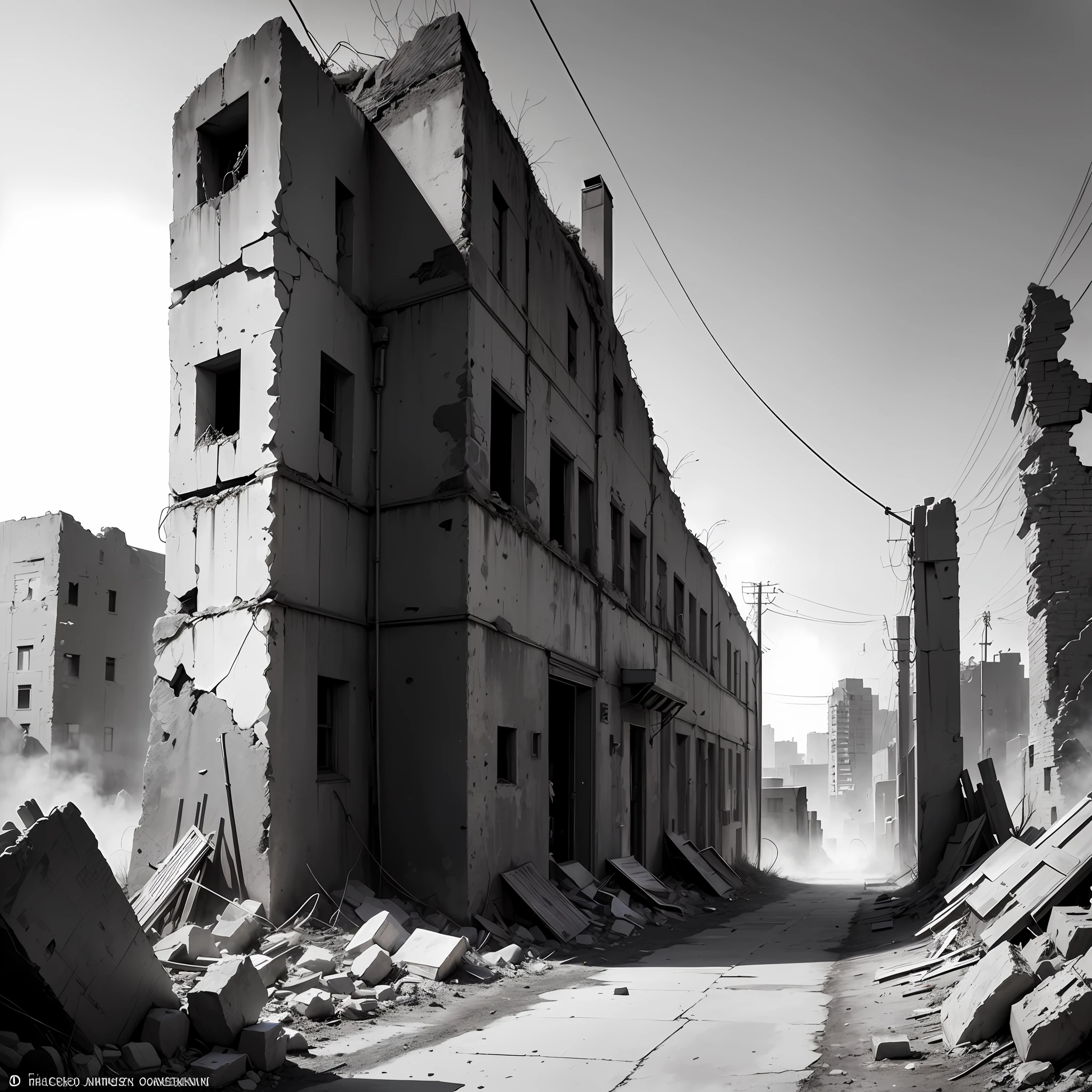 (background ancient ruins), original,(illustration:1.2 black and white),(best quality), (masterpiece:1.2), (8k wallpaper, black and white image, made in HB graphite pencils, (panoramic photo:1.4),(full body:1.05), (splashes),((GRAPHITE)), sharp focus, Old robot, rusty scrap, hanging hoses, wires, rubble, outdoors, stones, ruins, forehead --auto