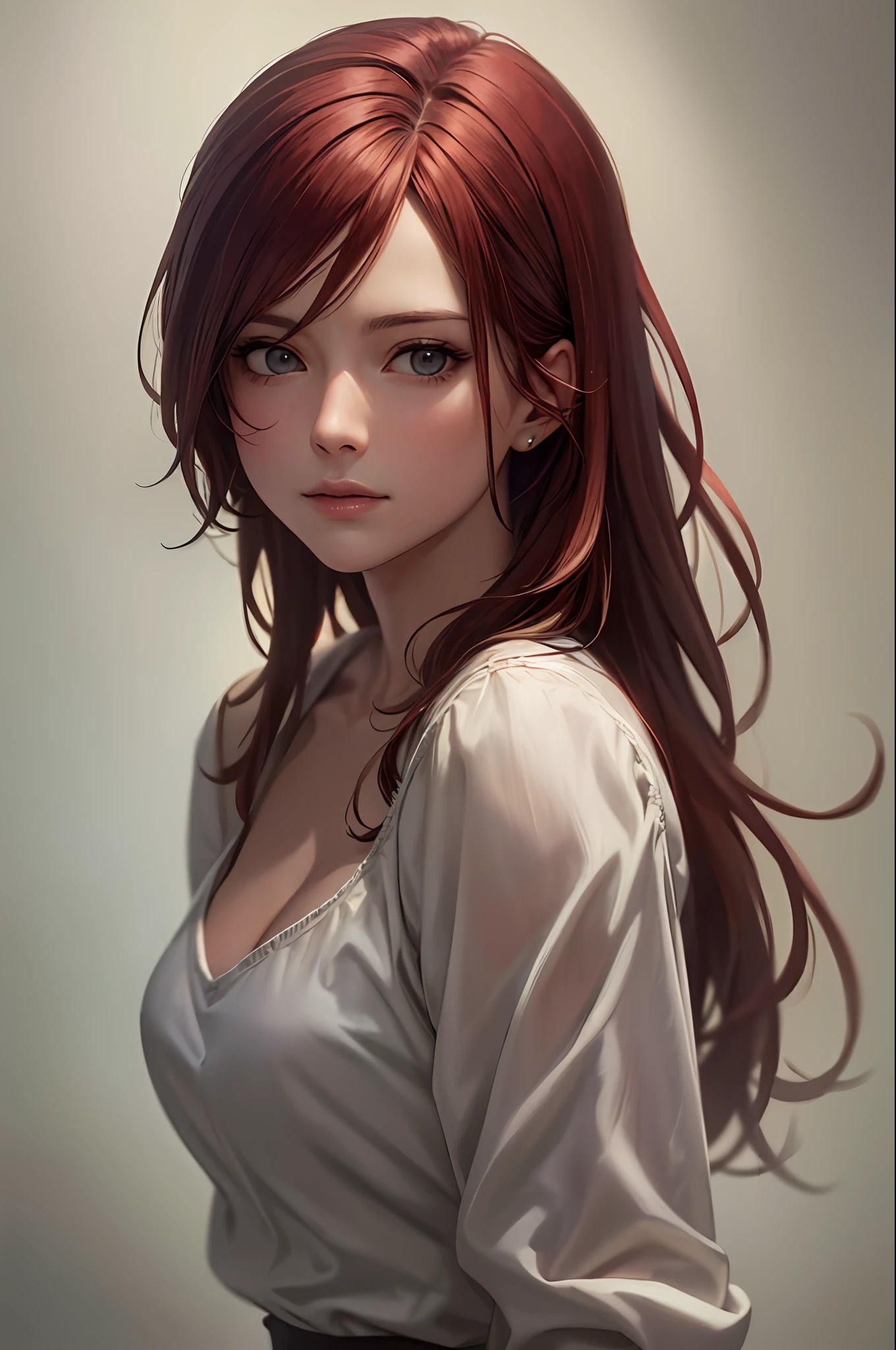 masterpiece, (realistic), highres, highly detailed, intricate, beautiful woman, Makima, red hair, detailed face