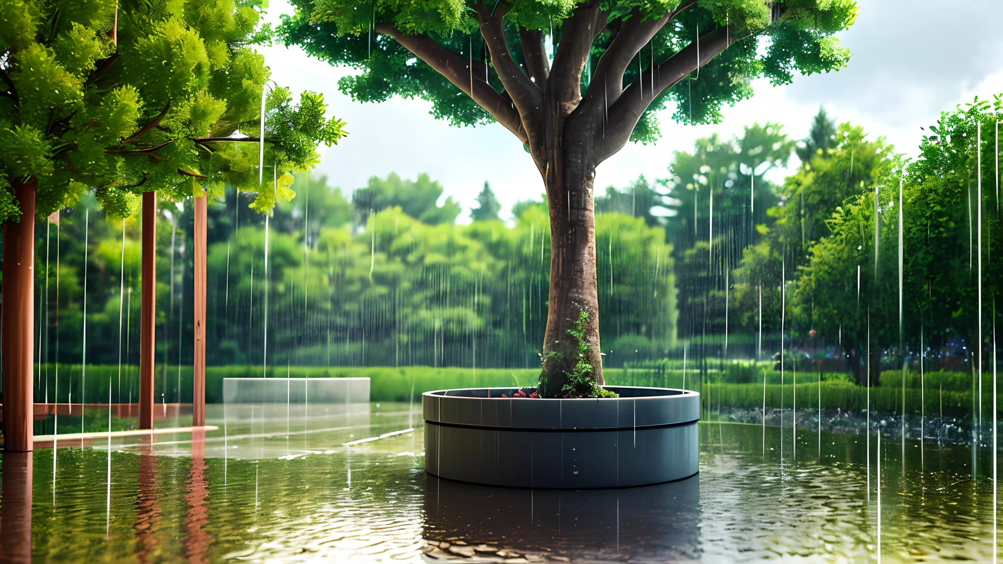 (masterpiece, best quality),1.2, cuva, over rain, best quality,1.5,, , thunder, trees,red pots,colorful plants raining,water pose, drops, outside,realistic,3d