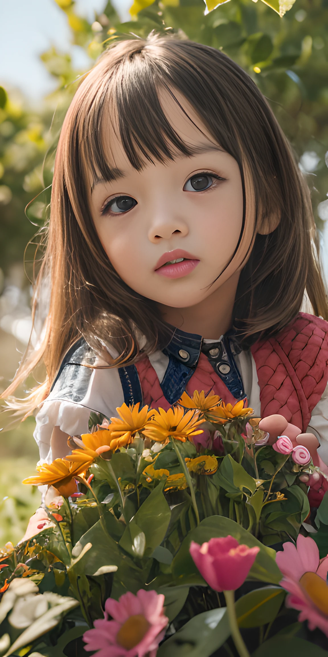 High Detail, Ultra Detail, 8K, Ultra High Resolution A cute and innocent girl, toddlerenjoying her time in the open field, surrounded by the beauty of nature, warm sun sprinkling on her, wildflowers gently swaying in the breeze. Butterflies and birds flutter around her, adding to the playful atmosphere,