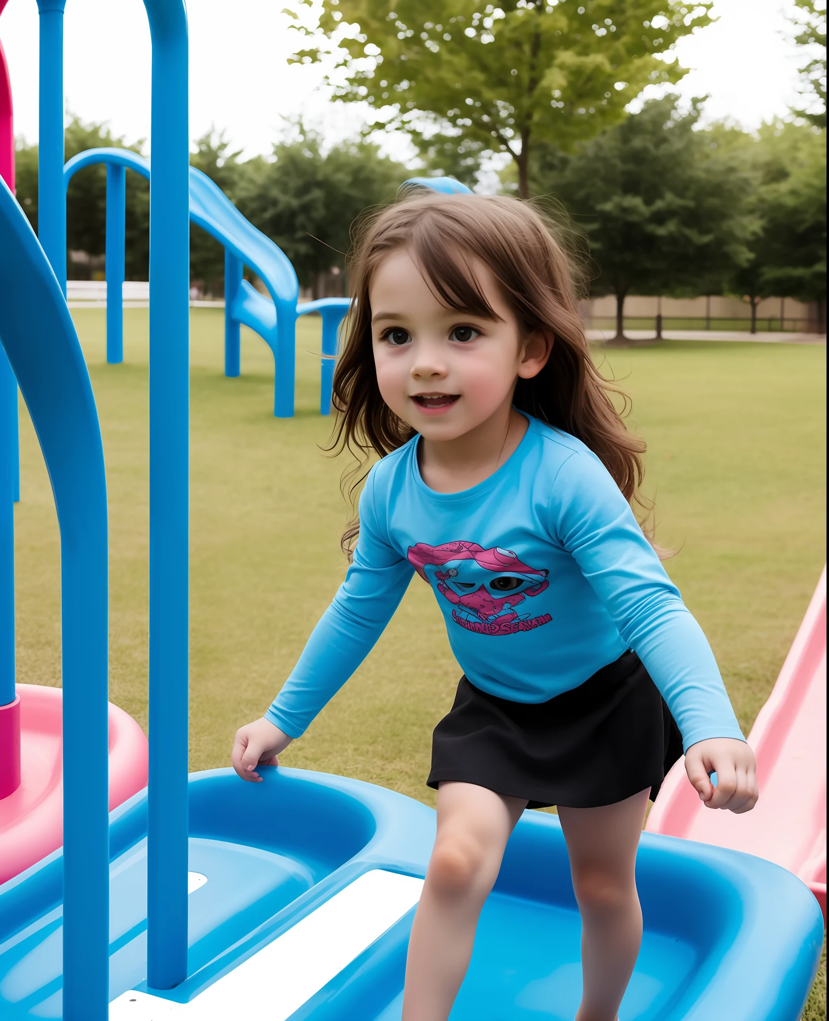 A long-haired child girl wearing a long men's shirt a skirt playing on the playground