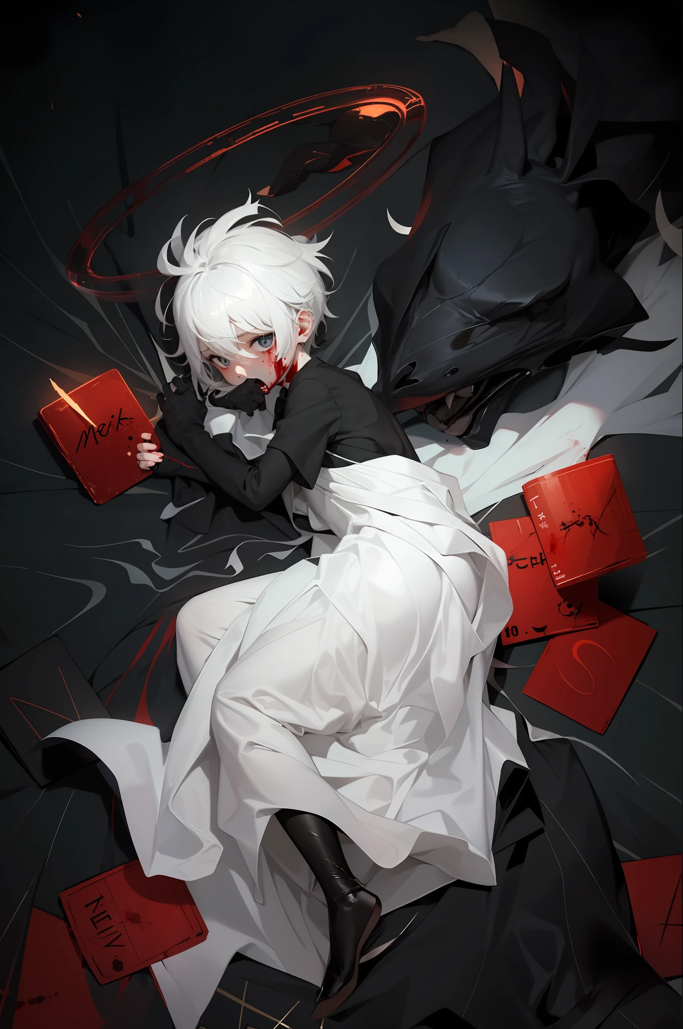 (4k), white-haired little Shota held by a ghost, lying on the bed, looking terrified, mouth covered by a ghost, dark, desperate, movie shot, 2D, (blood stain: 1.1), (black butterfly: 1.1)